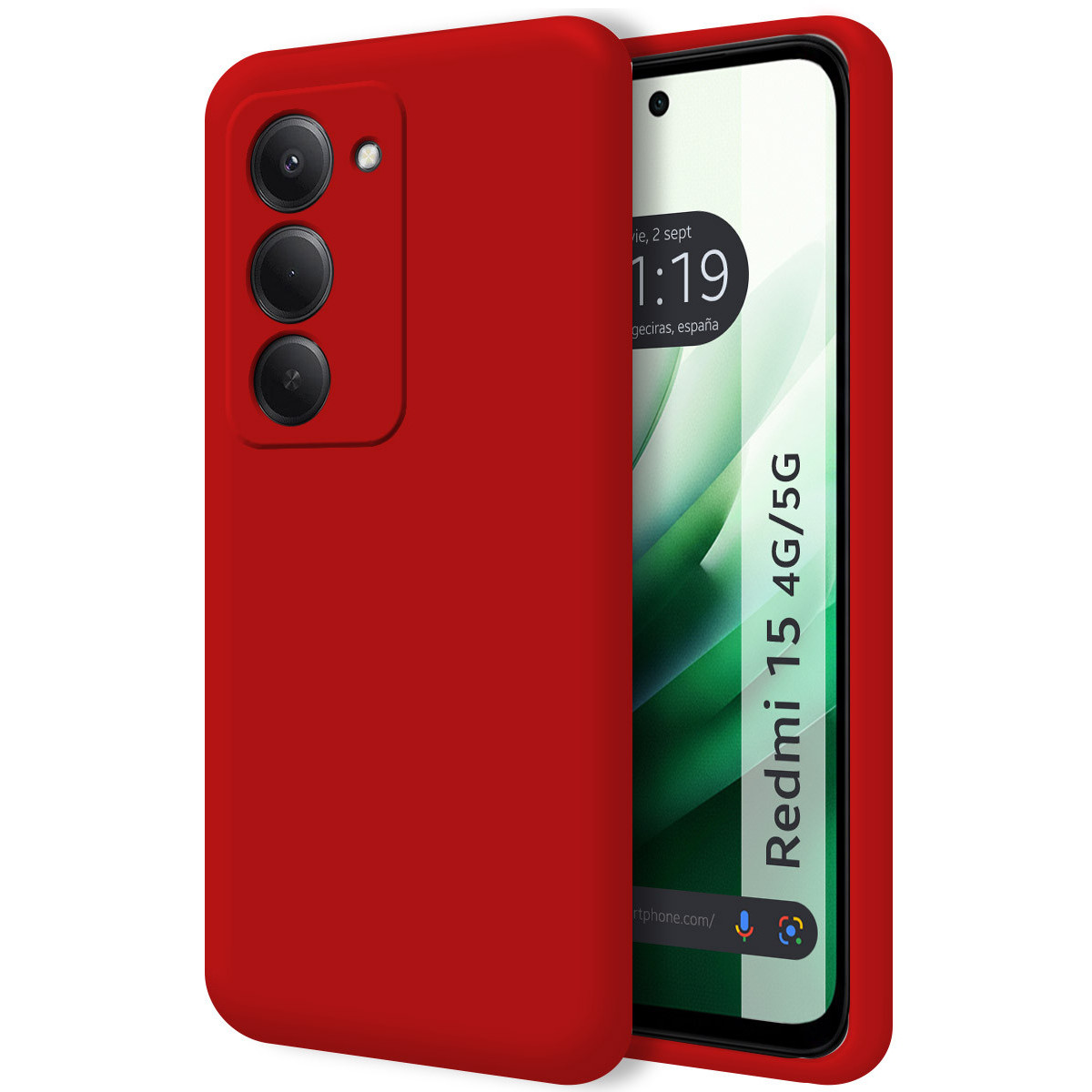 Una custodia rossa per telefono copre parzialmente un telefono. Lo schermo mostra un orologio e le parole Redmi 15 4G/5G.