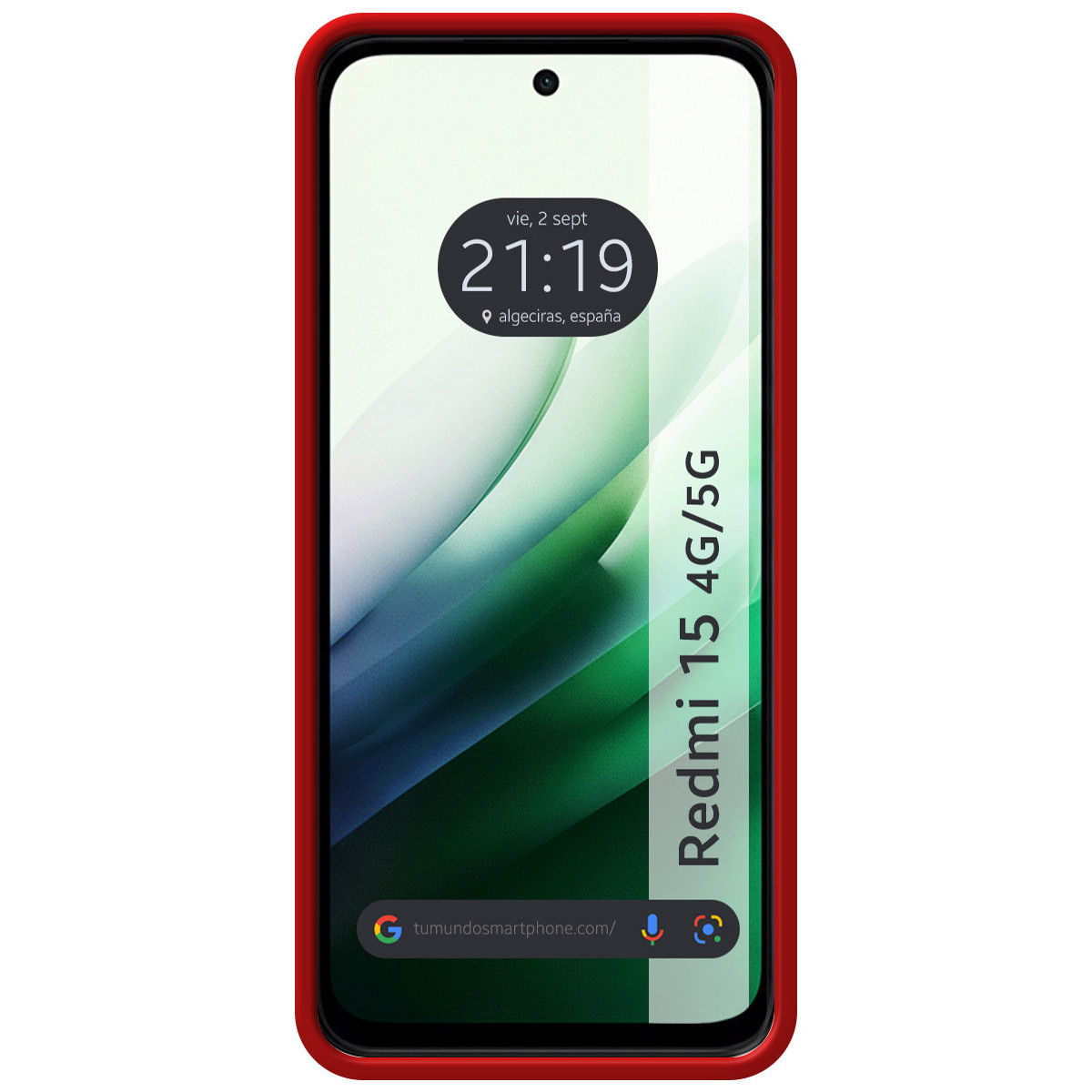 Telefono Redmi 15 4G/5G con cornice rossa. Lo schermo mostra l'ora, la data e uno sfondo astratto verde e bianco.