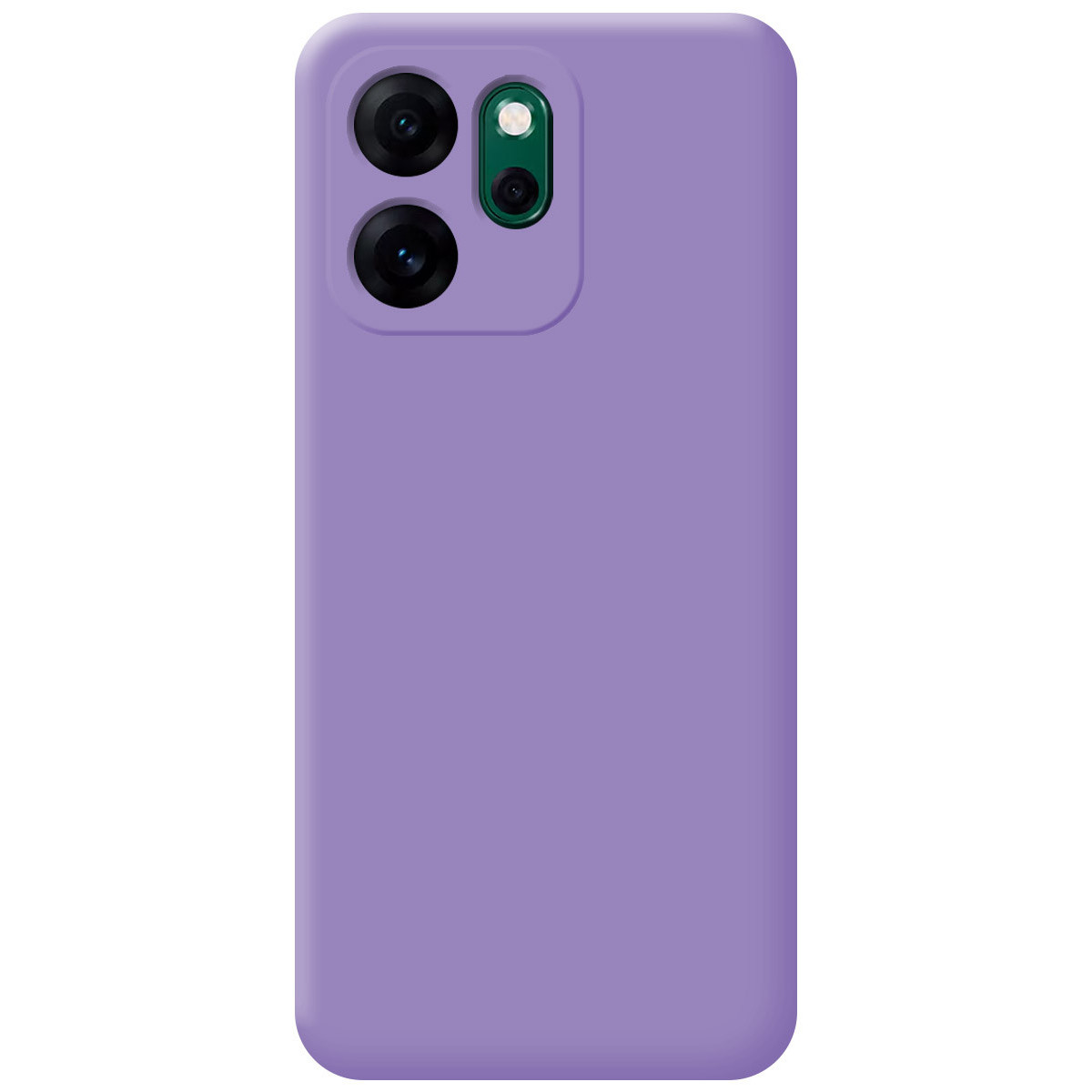Una custodia per telefono viola con tre obiettivi della fotocamera. La custodia è di colore viola pieno e gli obiettivi sono neri e verdi.