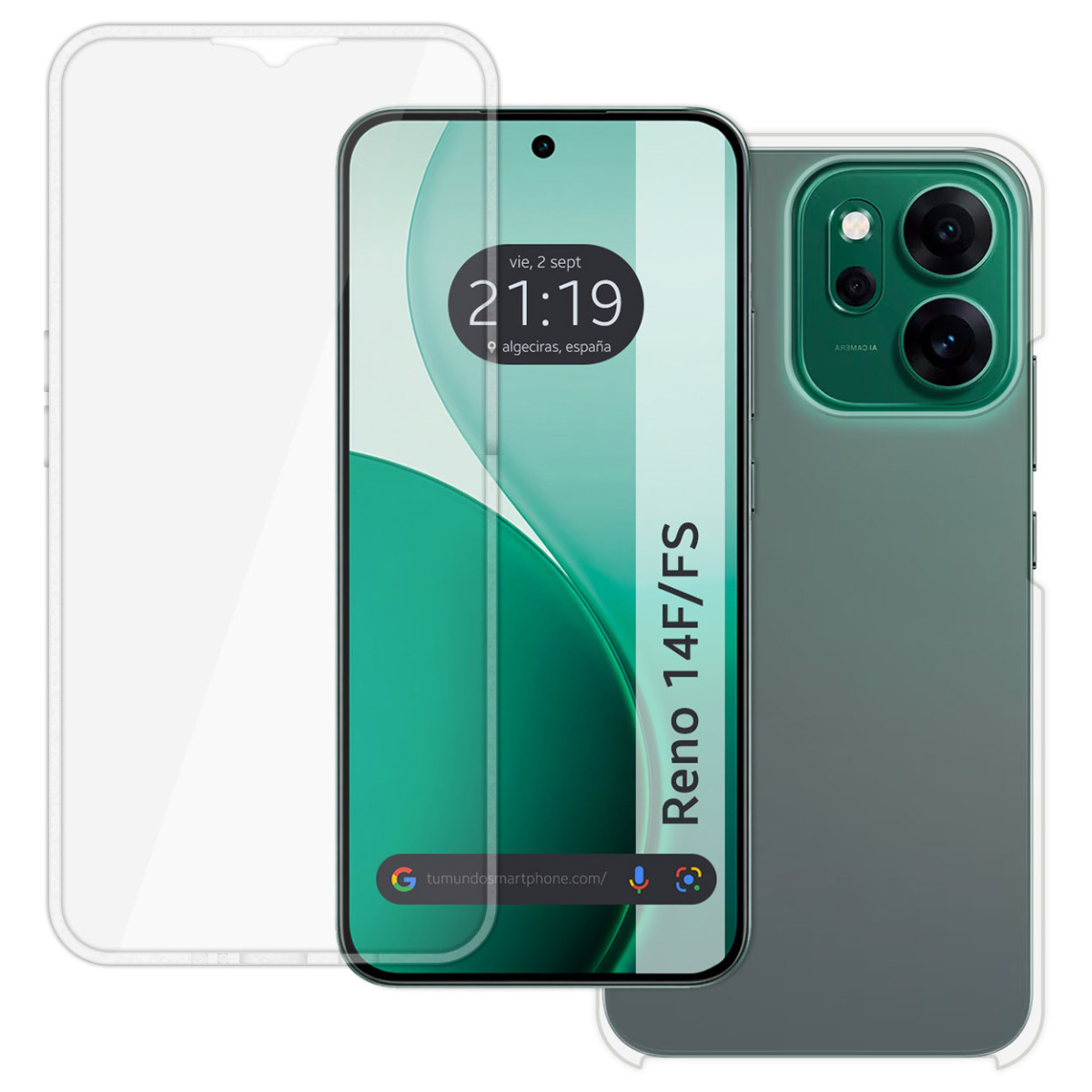 Uno smartphone con protezione schermo, retro verde-grigio e custodia protettiva. Lo schermo mostra l'ora e la data.