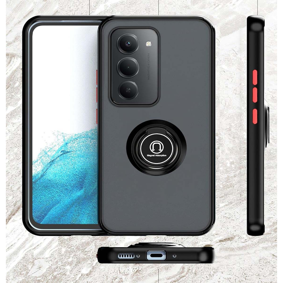Custodia per telefono nera con anello, tre fotocamere e schermo. Lo sfondo è un motivo simile al marmo.