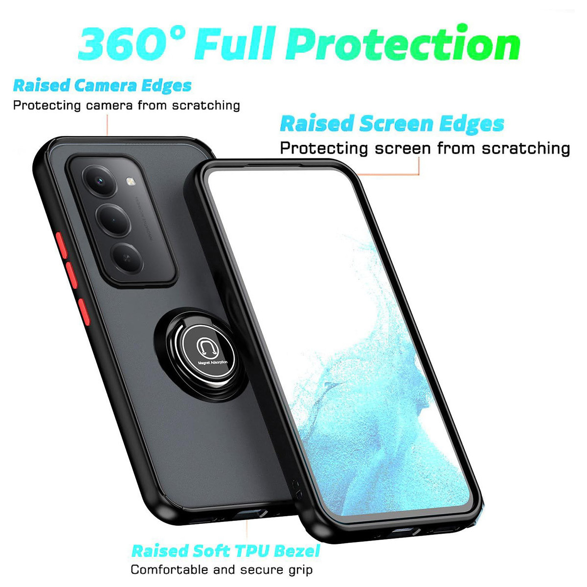 Una custodia nera per telefono con un telefono all'interno, che mostra le sue caratteristiche di protezione a 360 gradi e i bordi rialzati.