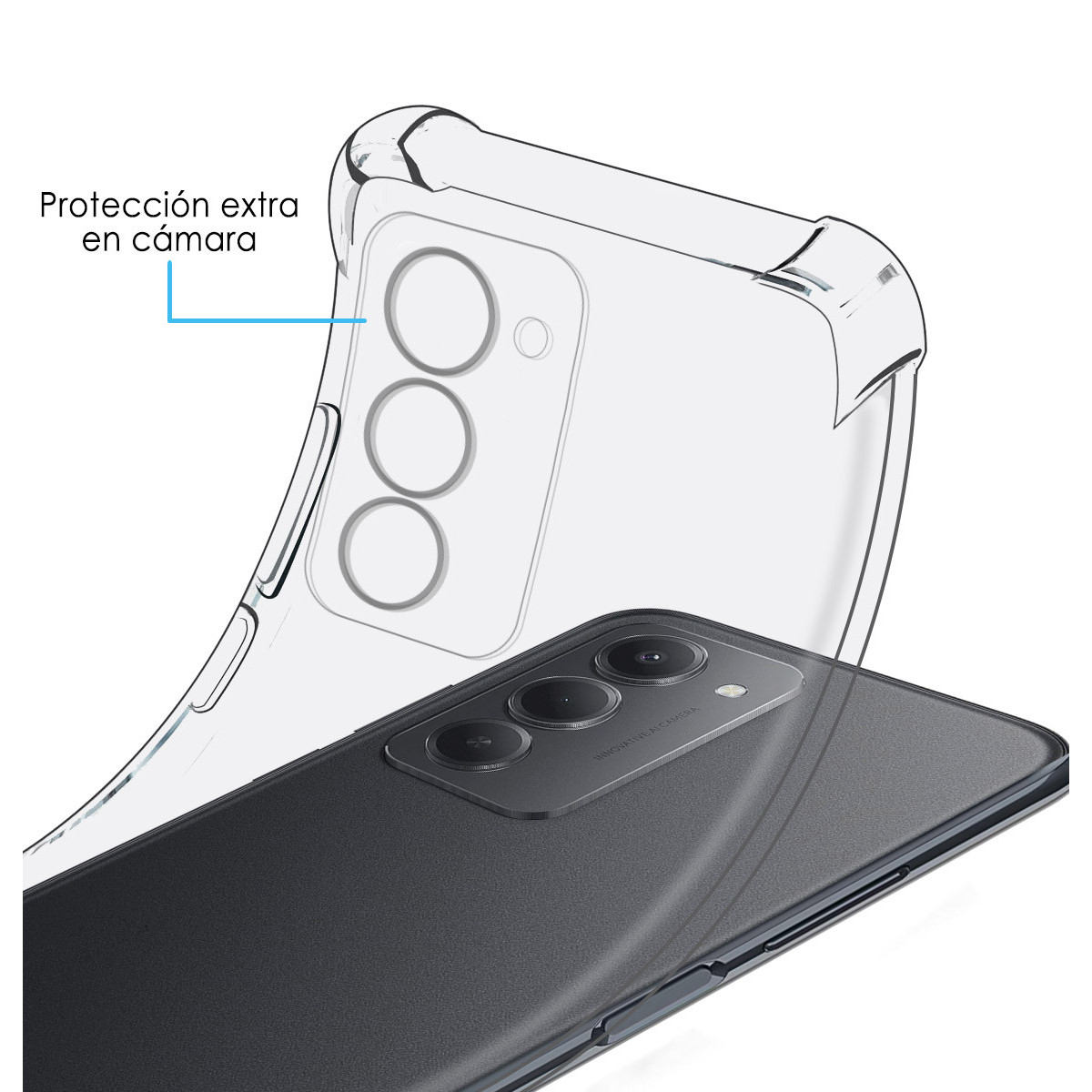 Un telefono e una custodia trasparente sono mostrati. La custodia evidenzia la protezione della fotocamera con testo e una linea.