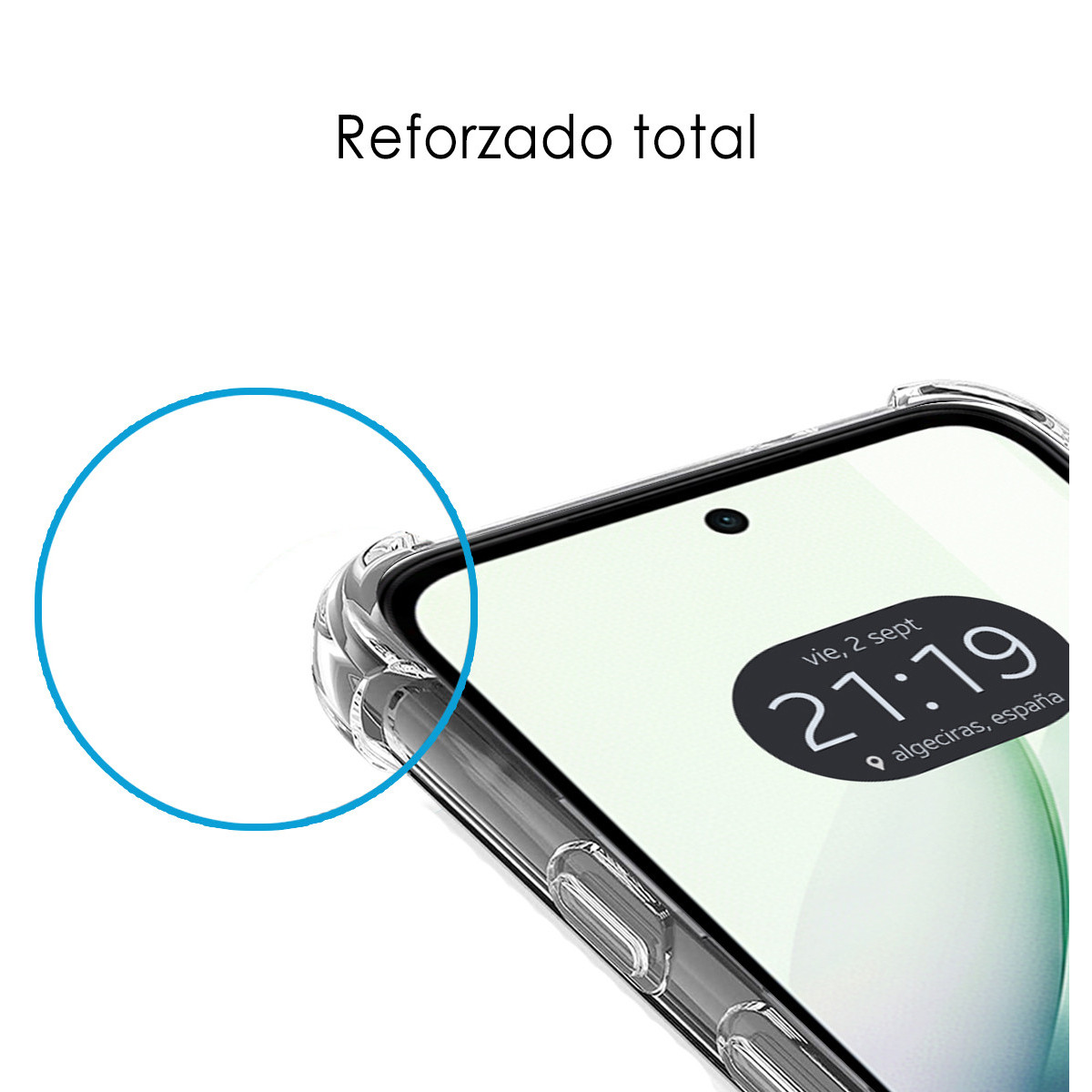 Un telefono con una custodia trasparente. Lo schermo mostra l'ora e il luogo. Il testo 'Reforzado total' è in alto.