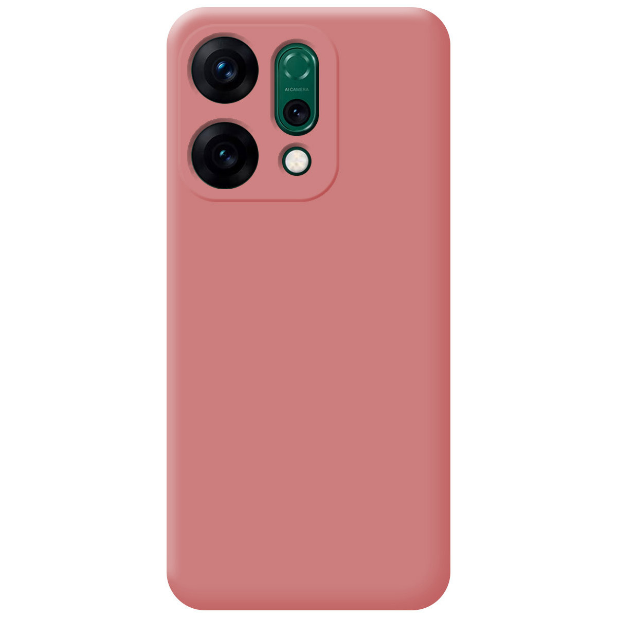 Una custodia rosa per telefono con lenti della fotocamera. La custodia è di colore rosa pieno. Ci sono tre lenti e un flash.