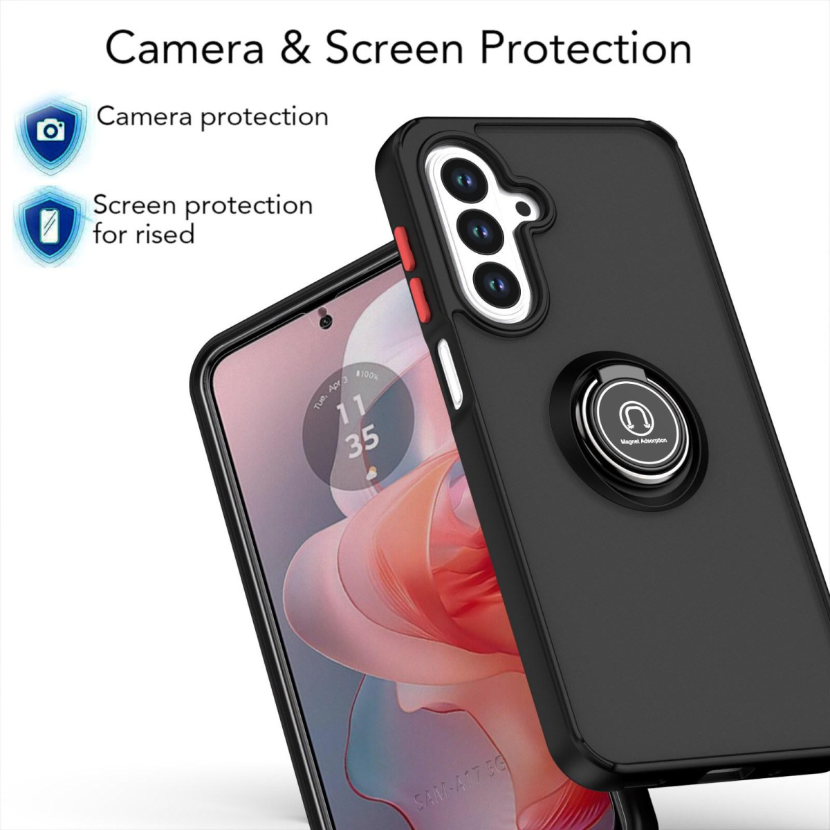 Custodia nera con anello, protegge lo schermo con visualizzazione della data. Testo: Protezione fotocamera e schermo.