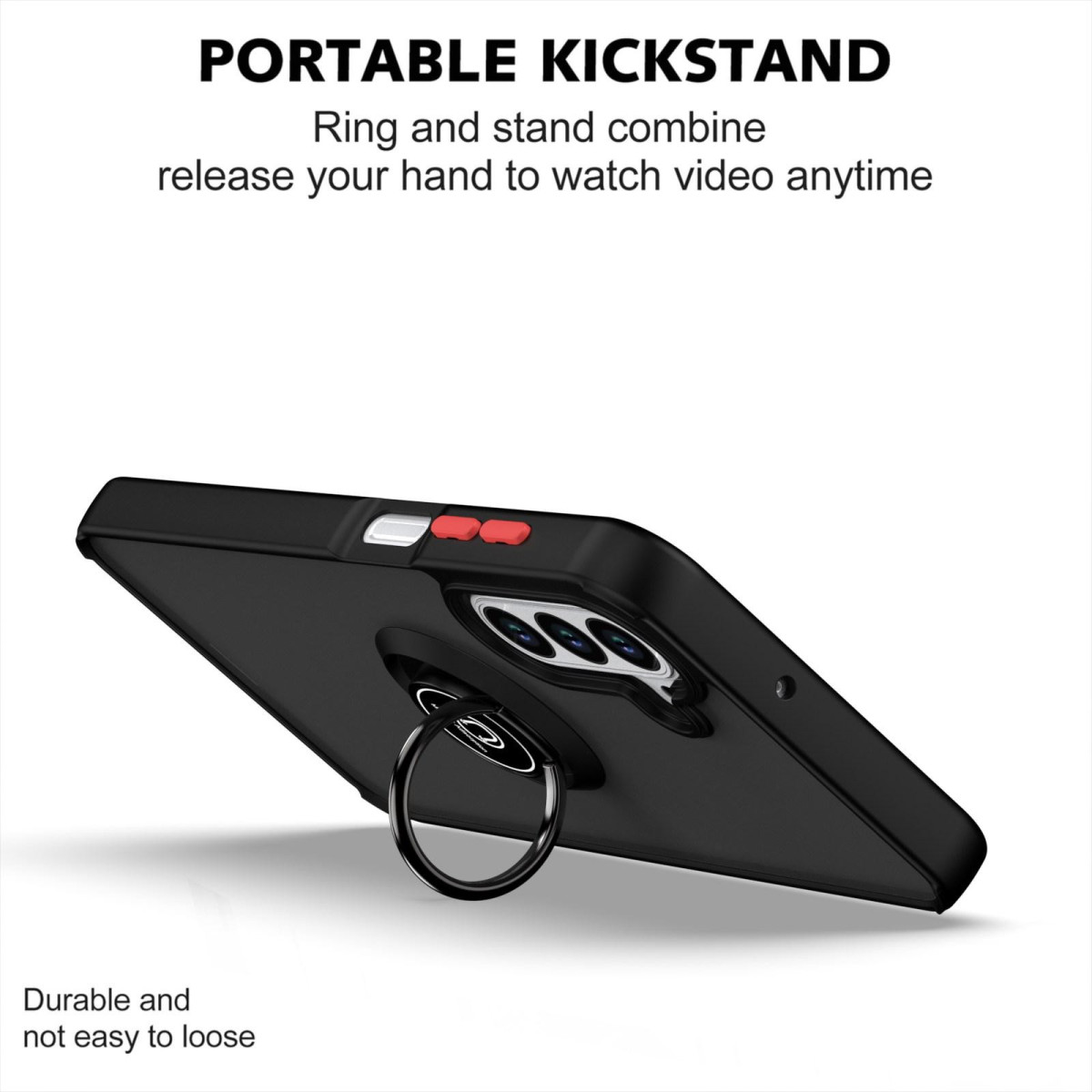 Una custodia per telefono nera con supporto ad anello è inclinata. Il testo recita 'Portable Kickstand'. La custodia ha pulsanti rossi e un ritaglio per la fotocamera.