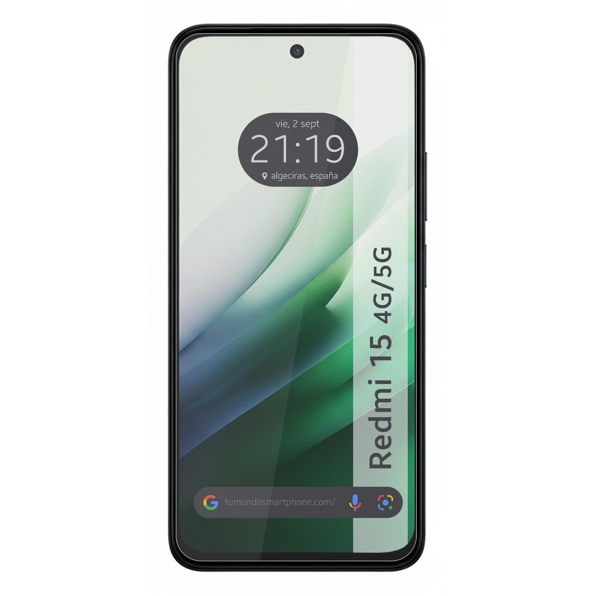 Schermo di smartphone che mostra ora, data e un sito web, con il nome del telefono 'Redmi 15 4G/5G' sul lato. Lo sfondo è bianco.