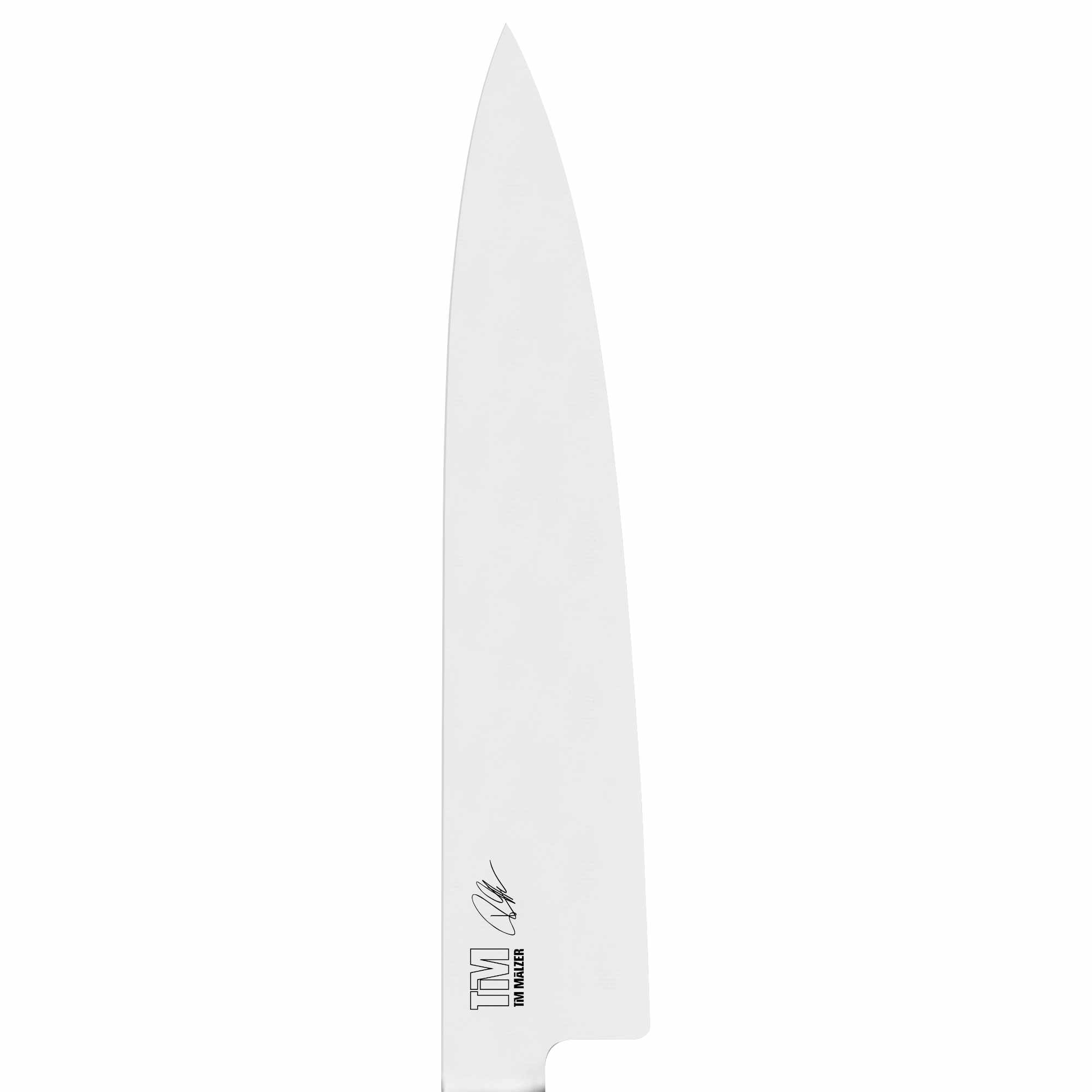 Ein Edelstahl-Kochmesser mit weißer Klinge. Das Messer hat ein Logo mit Unterschrift auf der Klinge.