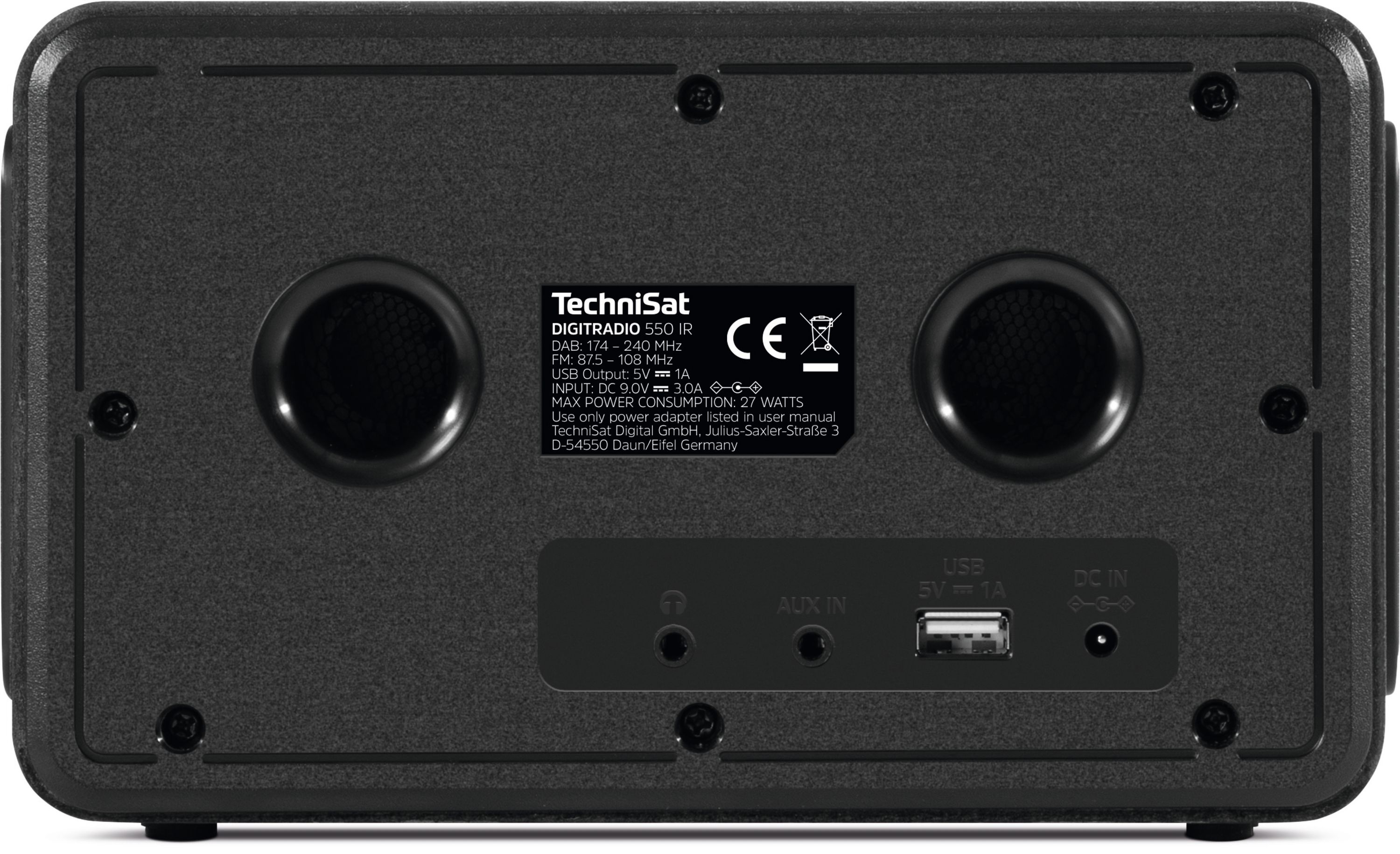 Czarny tył głośnika z maskownicami, portami wejściowymi i etykietą ze specyfikacjami, w tym DAB/FM i marką TechniSat.