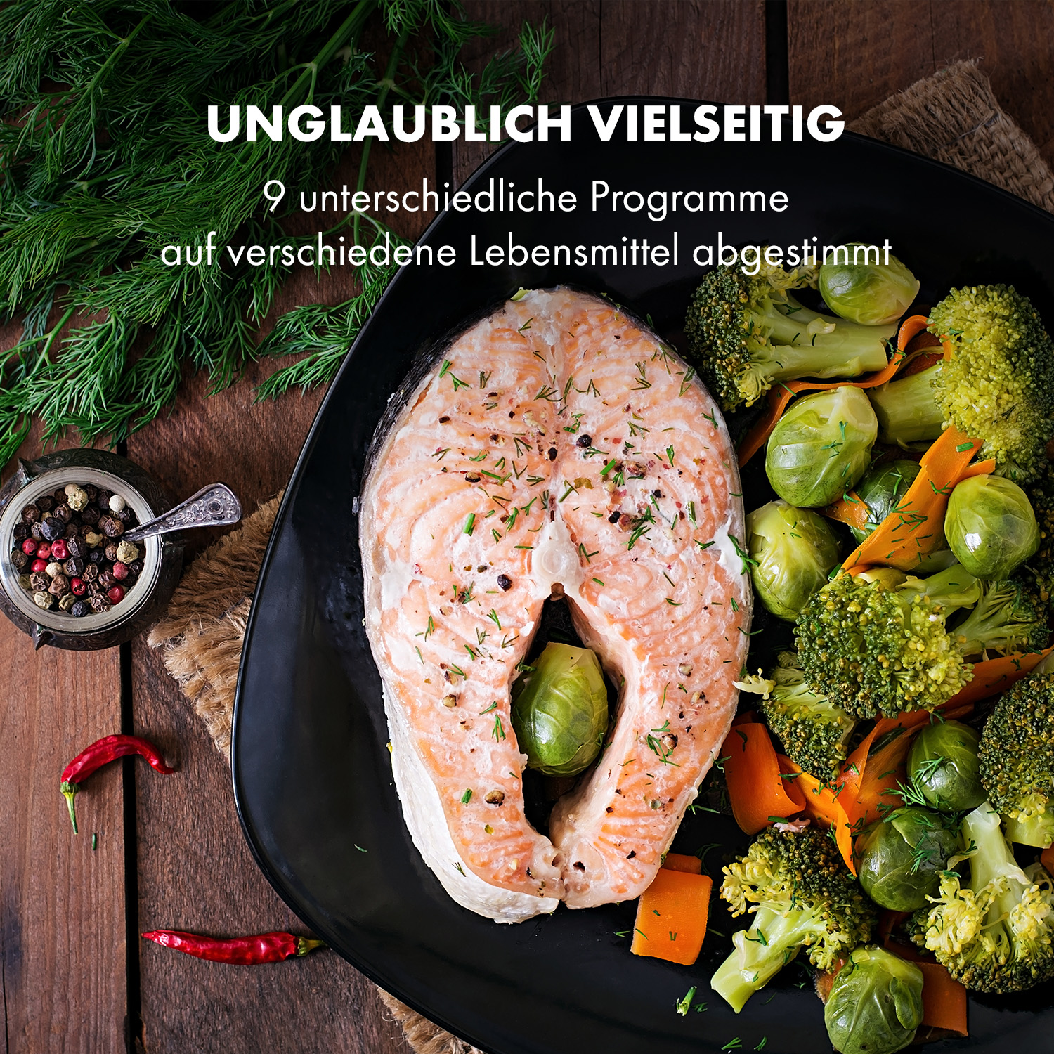 Un filete de salmón en un plato negro con verduras. Pimientos rojos y especias en un cuenco al lado. Texto en el fondo.