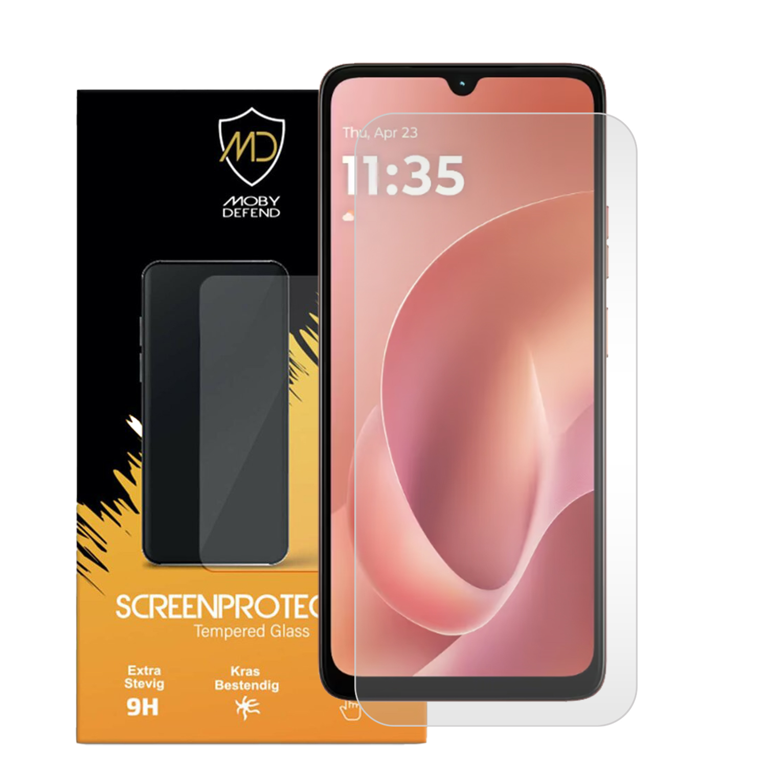 Een smartphone met een schermbeschermer naast de doos. De doos toont de merknaam en productdetails. De telefoon toont de tijd.