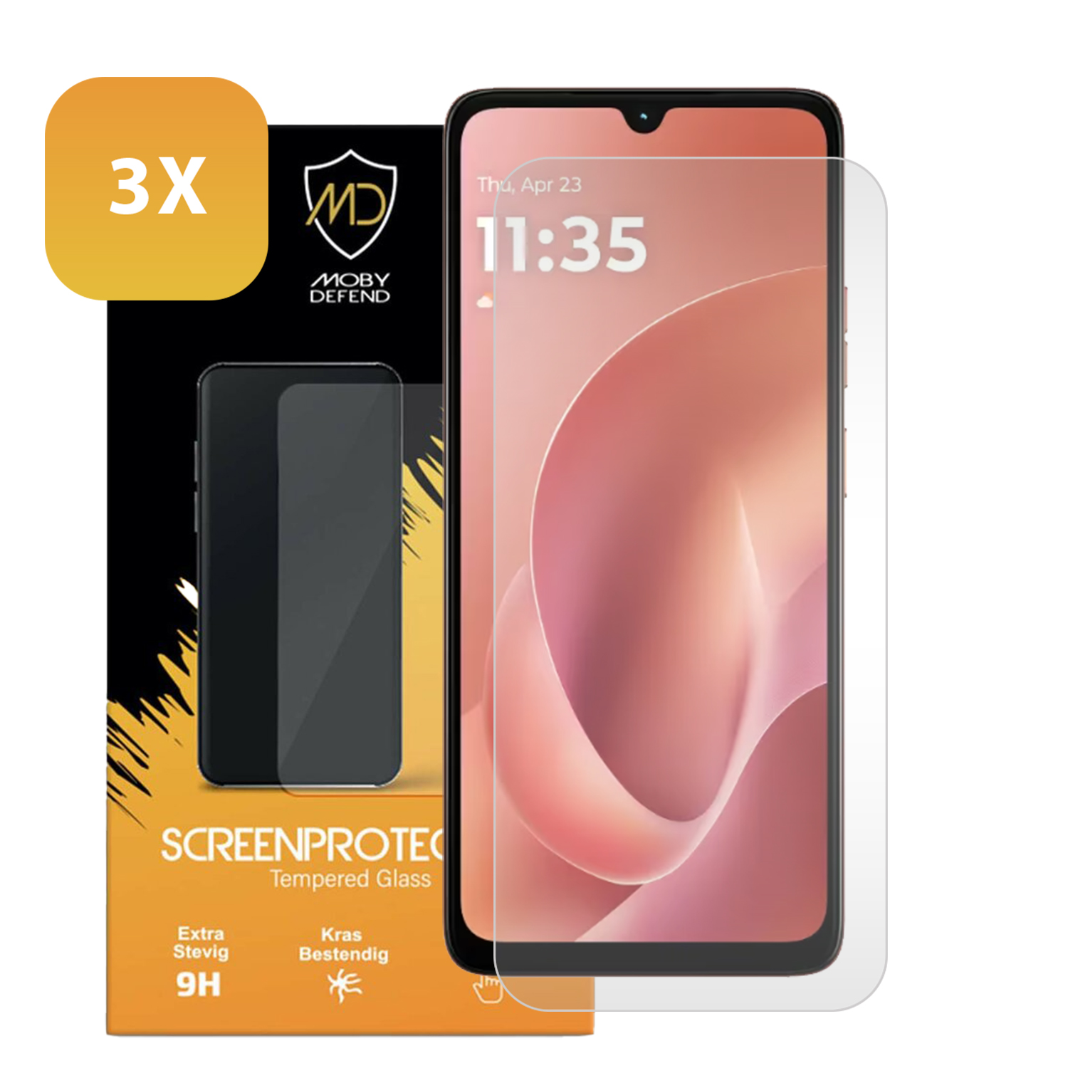 Un téléphone avec un protecteur d'écran à côté d'une boîte avec le même protecteur. L'heure 11:35 est affichée sur le téléphone.