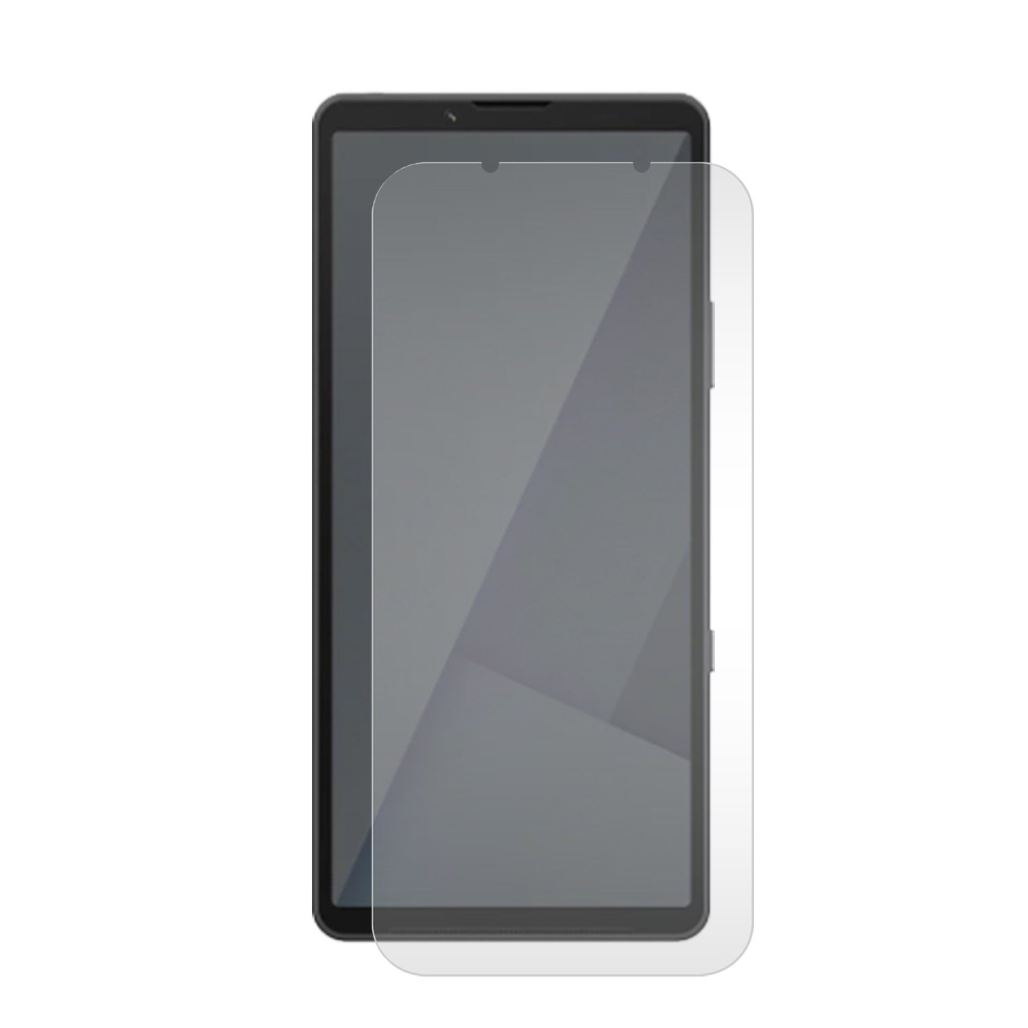 Un smartphone noir avec un protecteur d'écran appliqué. Le protecteur est transparent. Le fond est blanc.