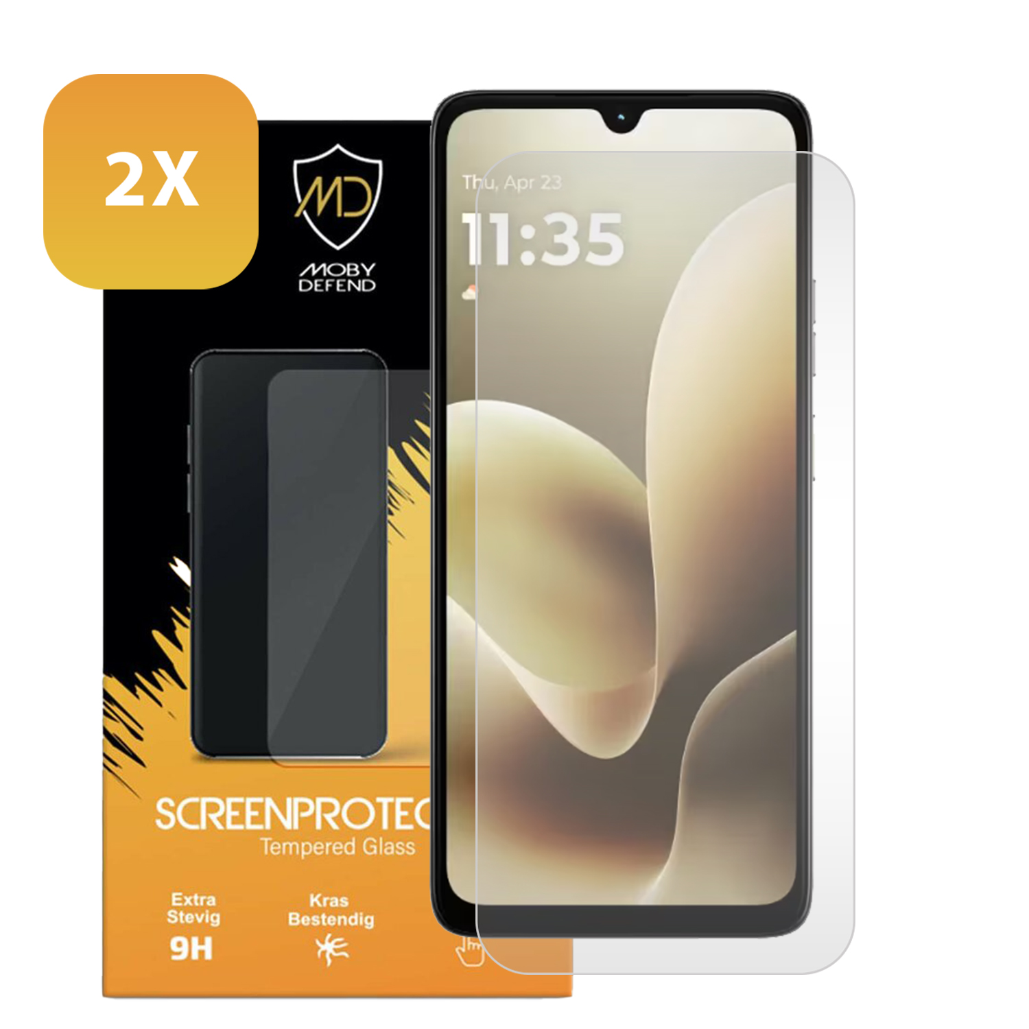 Een telefoon met een schermbeschermer. De verpakking toont een telefoon en de woorden 'SCREENPROTECT' en 'Tempered Glass'.