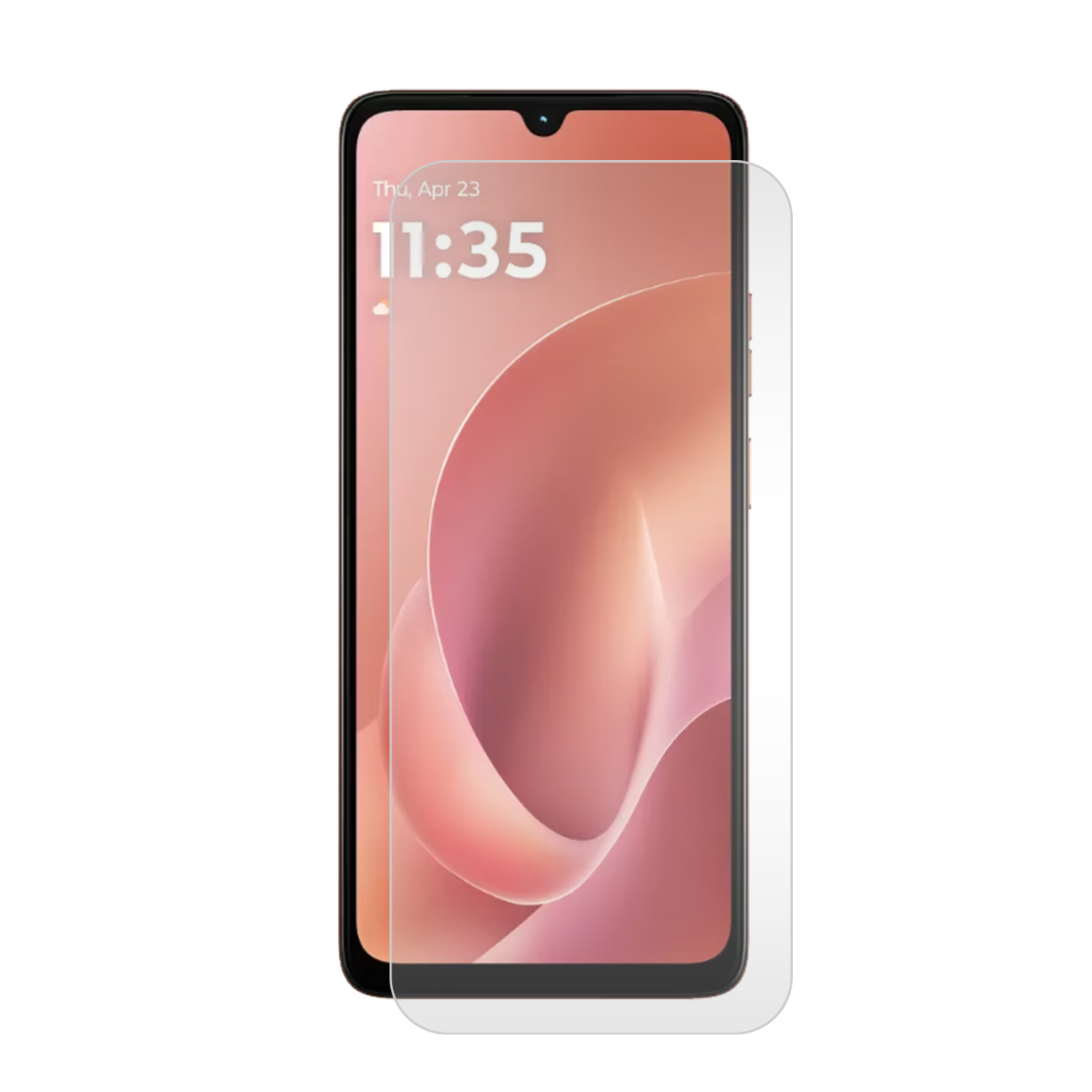 Un smartphone avec un protecteur d'écran appliqué. L'écran affiche la date et l'heure. L'arrière-plan est un design doux et abstrait.