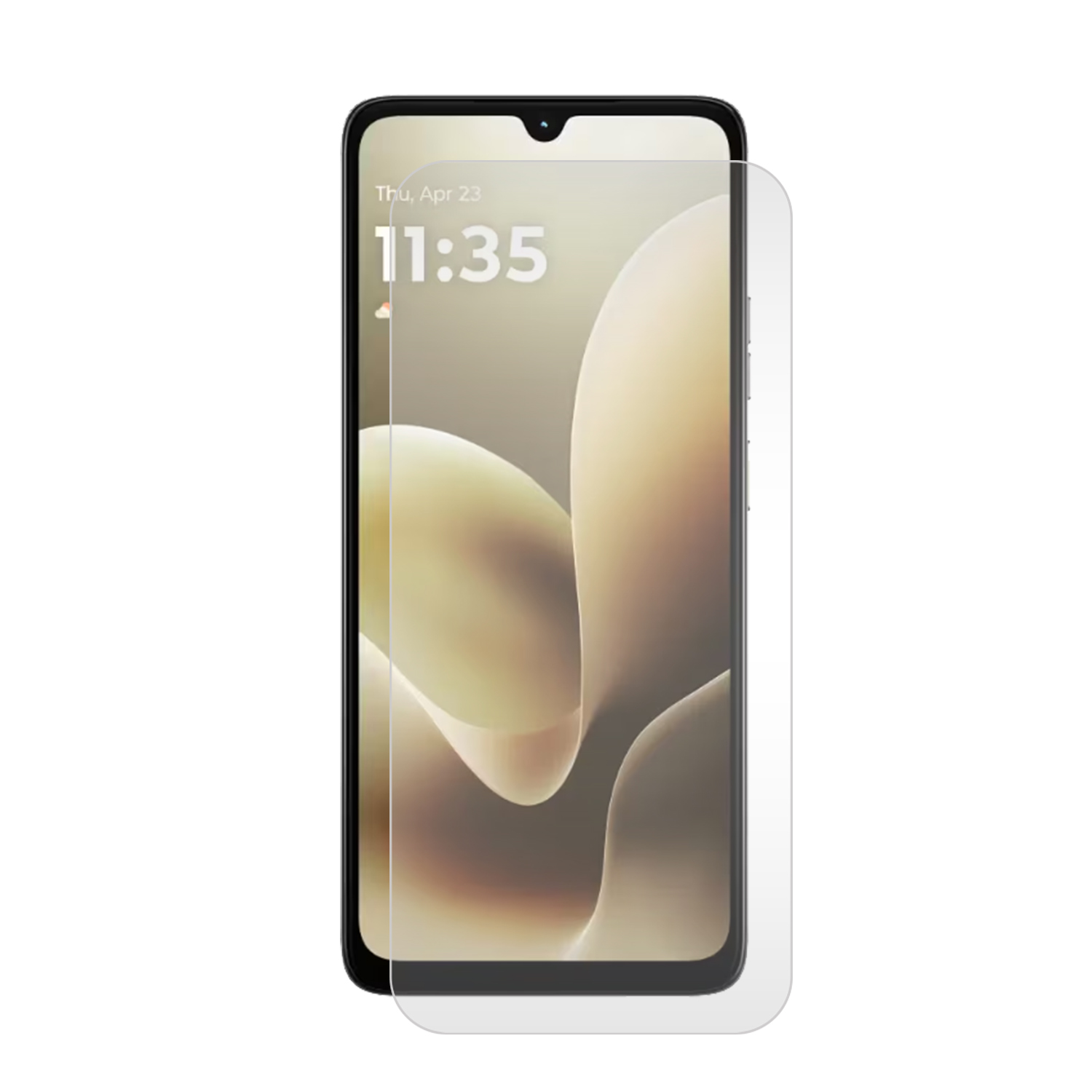 Een smartphone met een schermbeschermer. Het scherm toont de tijd en datum. De telefoon is zwart.