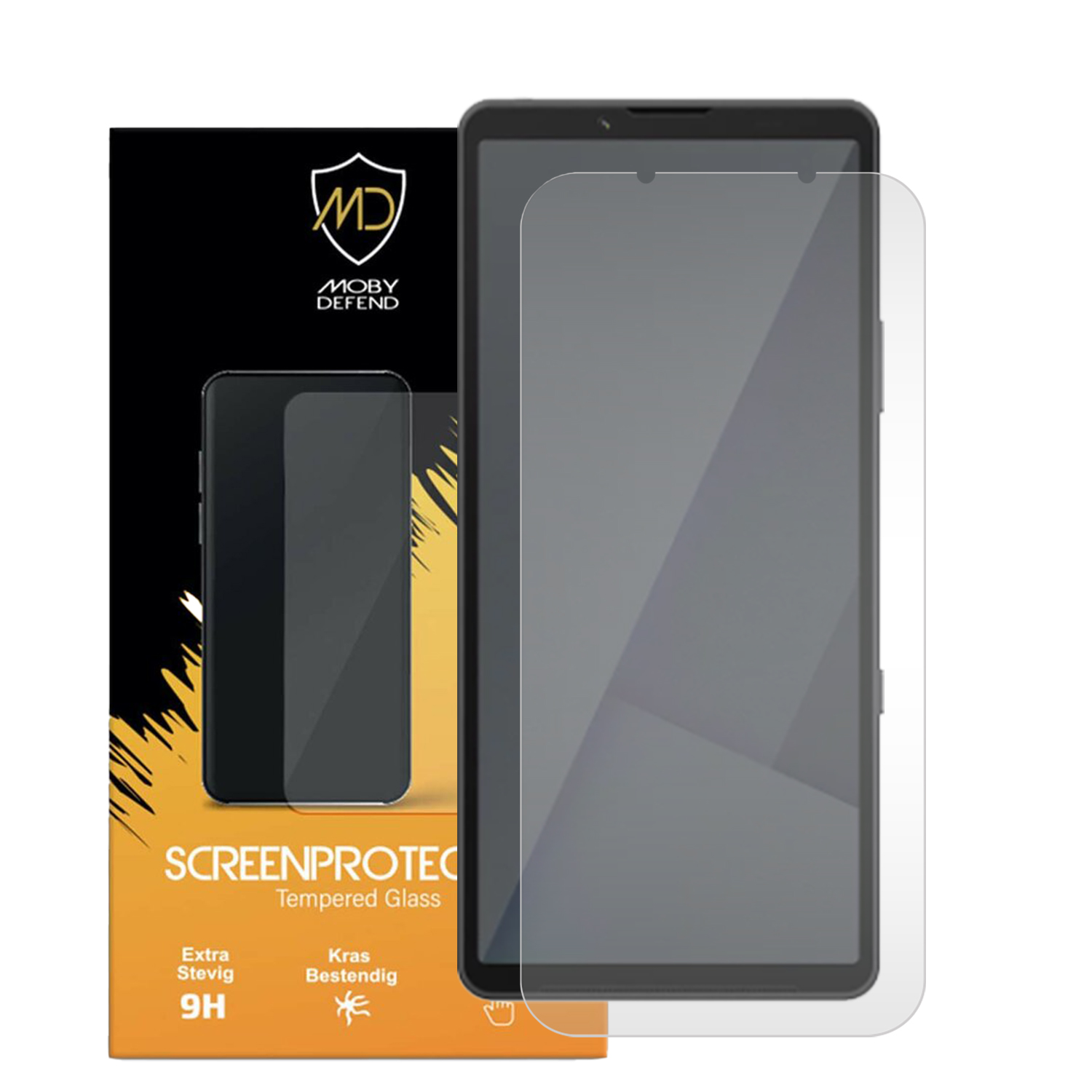 Un smartphone avec un protecteur d'écran, à côté de sa boîte avec logo de marque. La boîte a le texte SCREENPROTECT.