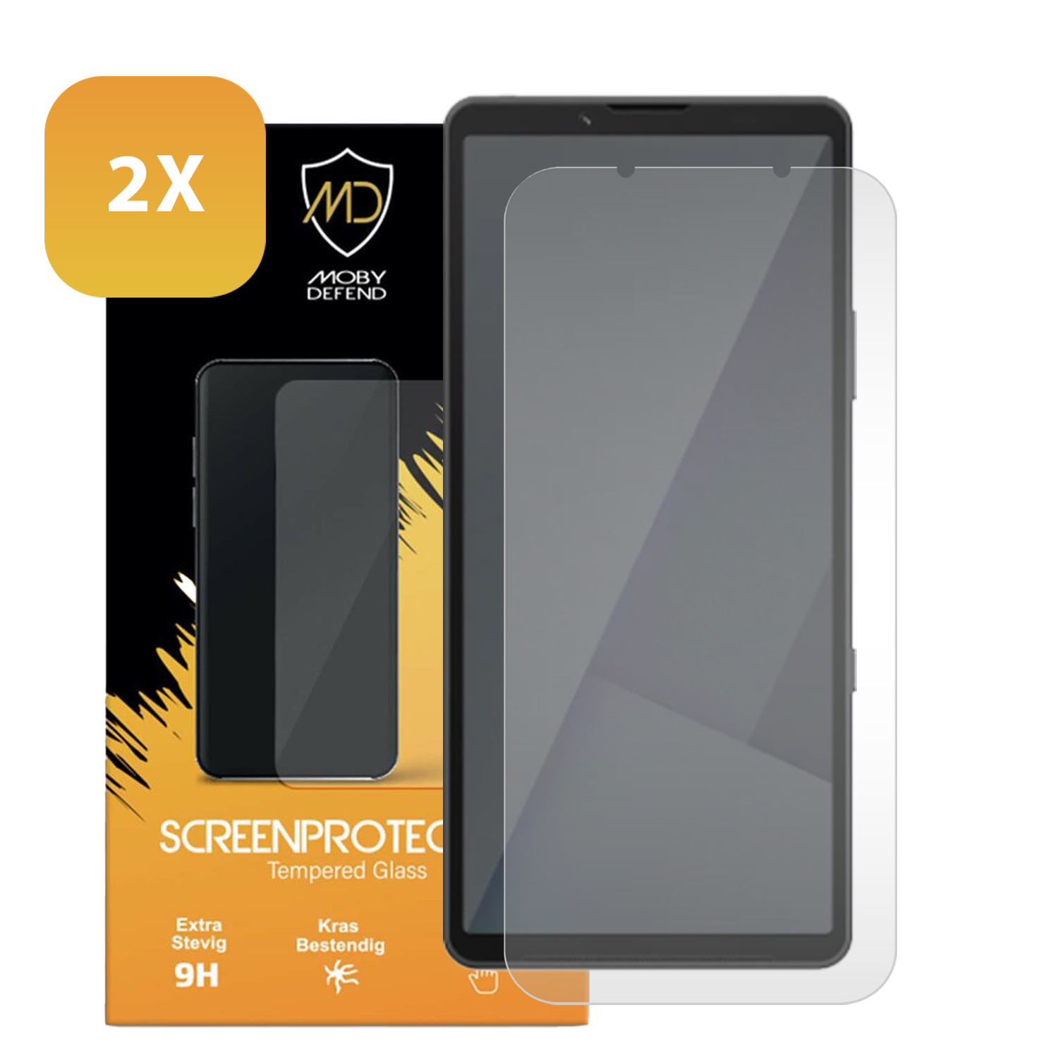 Un smartphone avec un protecteur d'écran. C'est un produit Moby Defend. L'emballage affiche 'SCREENPROTECT' et '2X'.