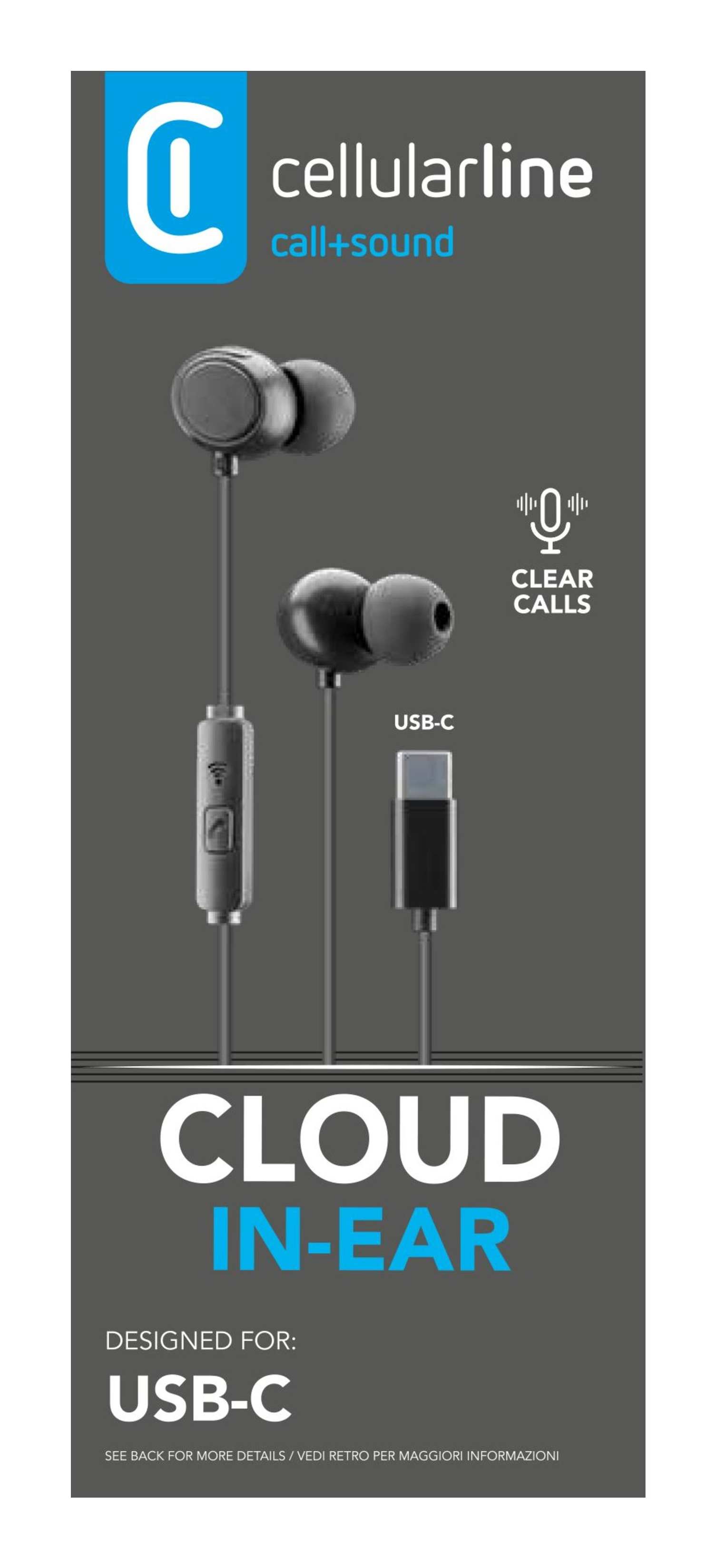 Image shows black in-ear headphones, a USB-C connector, and the text "CLOUD IN-EAR" with the brand name and logo.