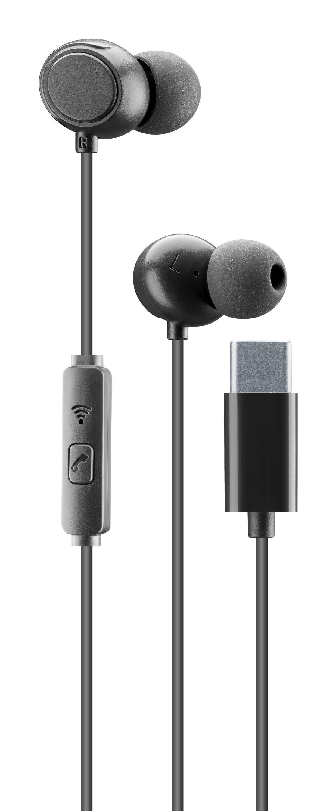 Black wired earphones with a USB-C connector. Features include earbud design, an in-line remote, and a microphone for calls.