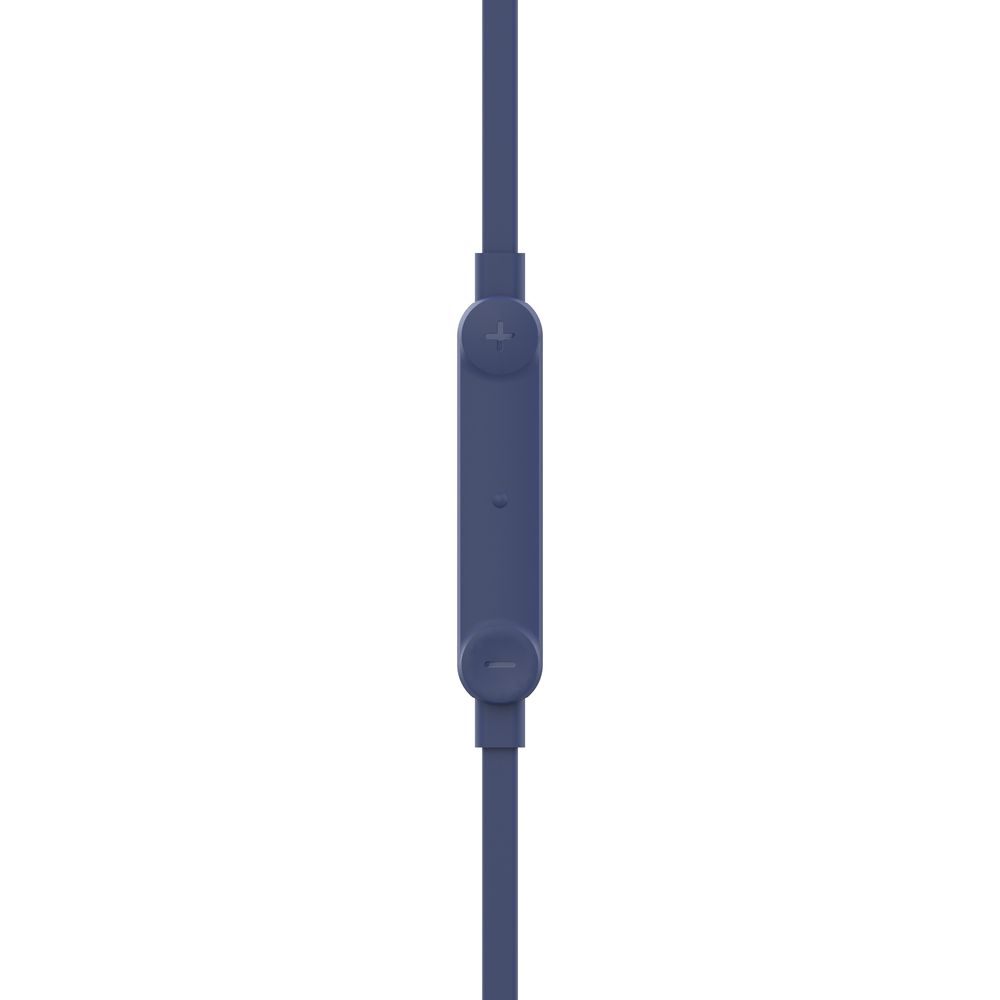 Eine blaue Inline-Fernbedienung mit Lauter- und Leiser-Tasten an einem blauen Kabel vor weißem Hintergrund.