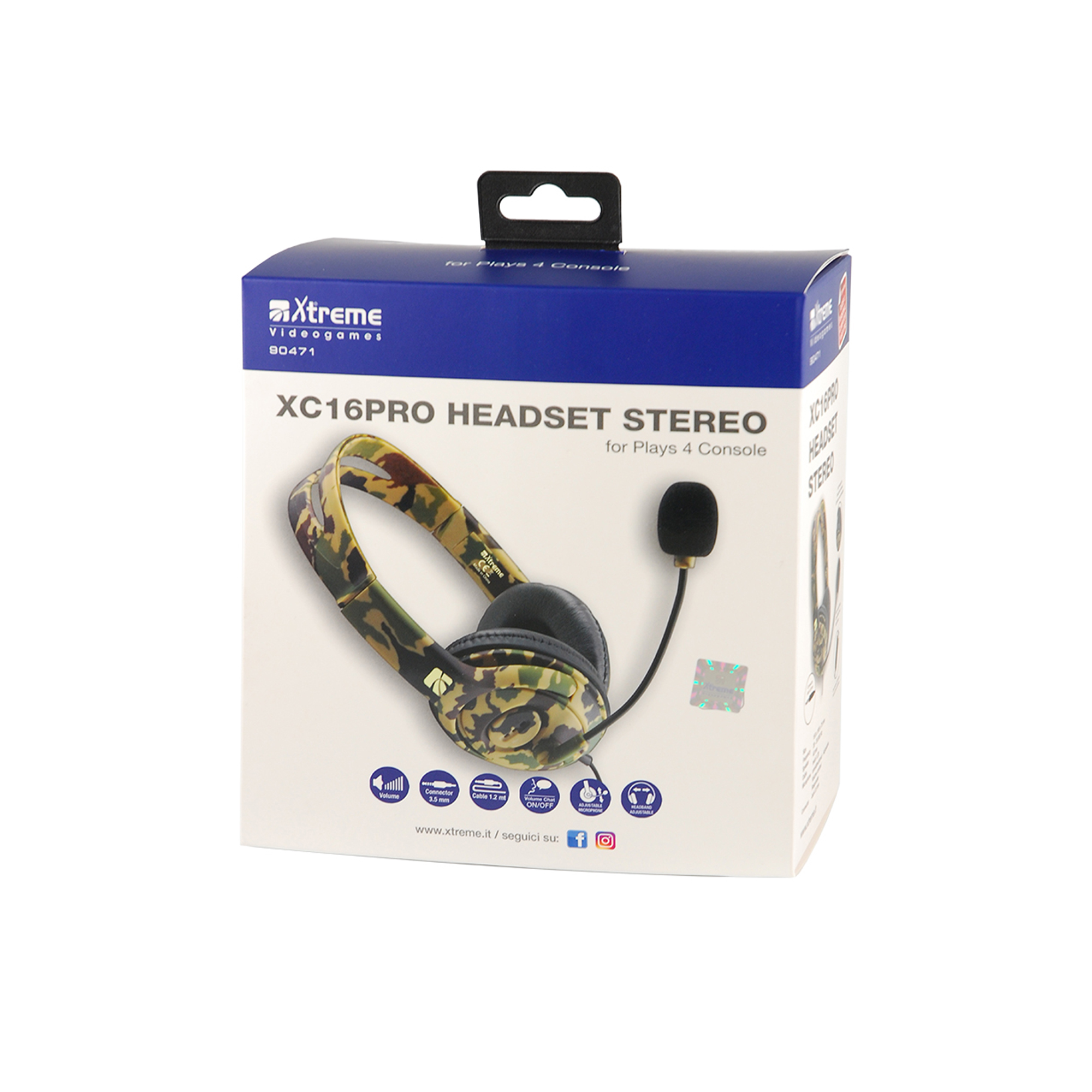 Zapakowany zestaw słuchawkowy XC16PRO. Zestaw słuchawkowy ma kamuflaż. Pudełko ma markę Xtreme i inne informacje.