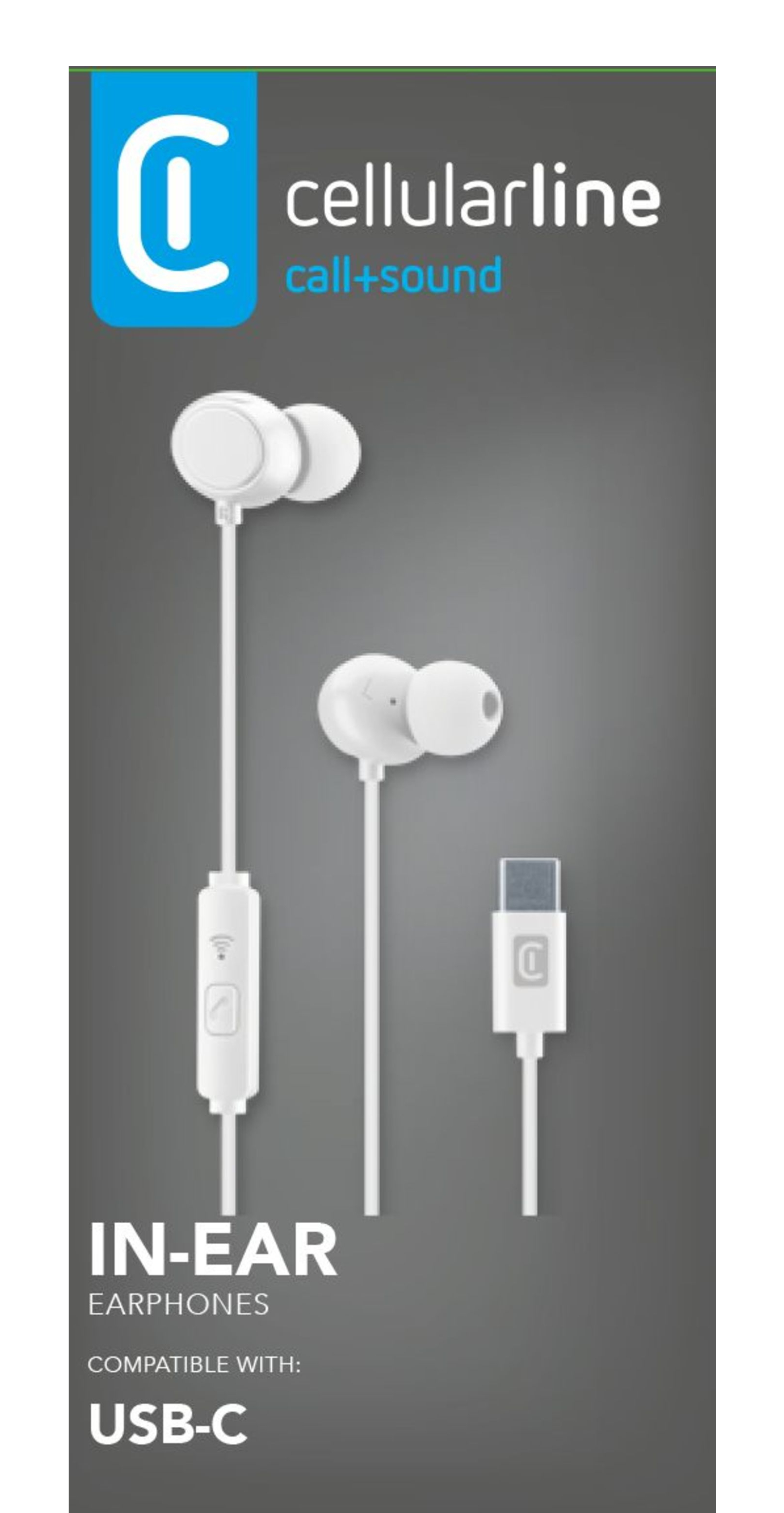White in-ear headphones and USB-C cable on a grey background. The Cellularline logo is at the top left.