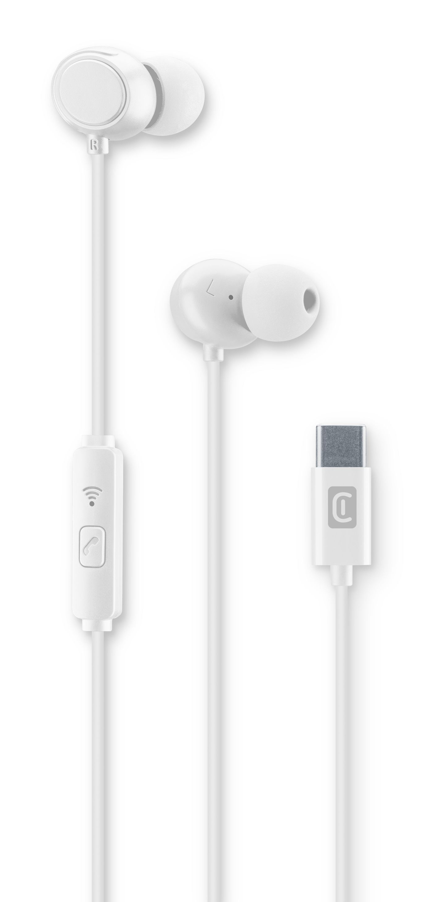 White earphones with a USB-C connector. Includes an inline remote.  Earbuds are labeled L and R.