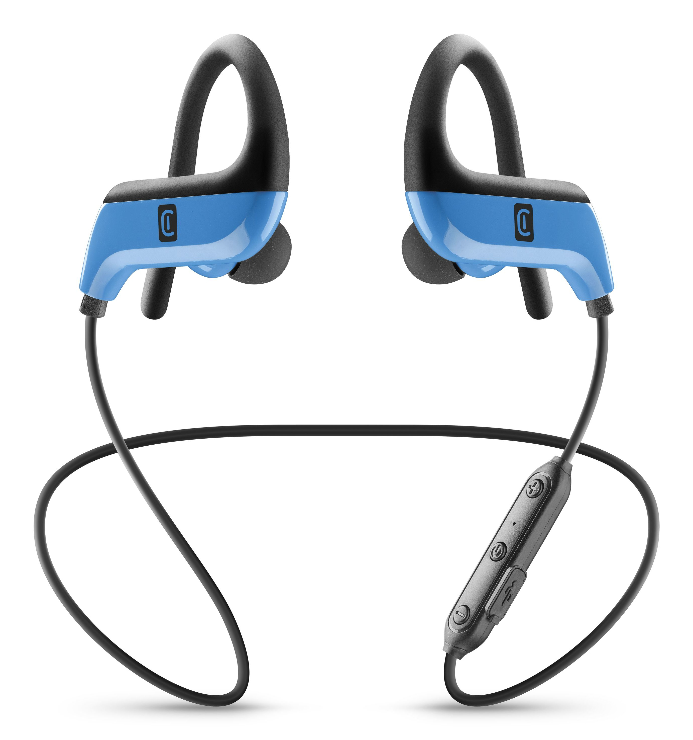 Niebieskie i czarne bezprzewodowe słuchawki z modułem sterowania. Słuchawki mają logo. Widoczny czarny kabel.