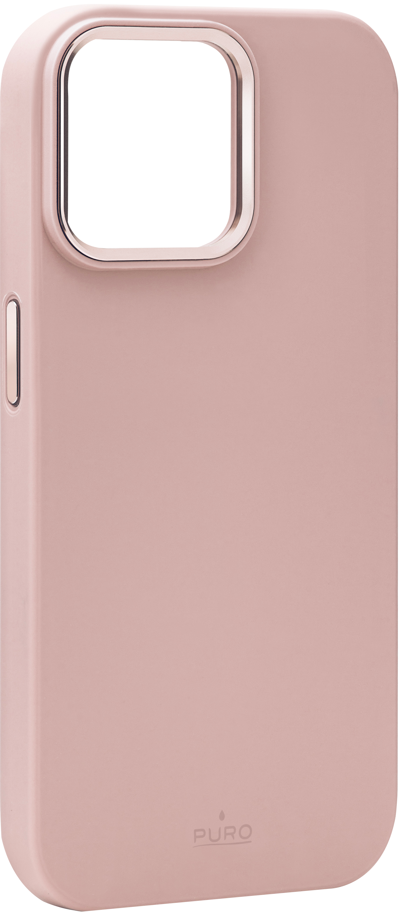 Una custodia rosa per telefono con apertura per fotocamera e un pulsante laterale. Il marchio 'PURO' è visibile.