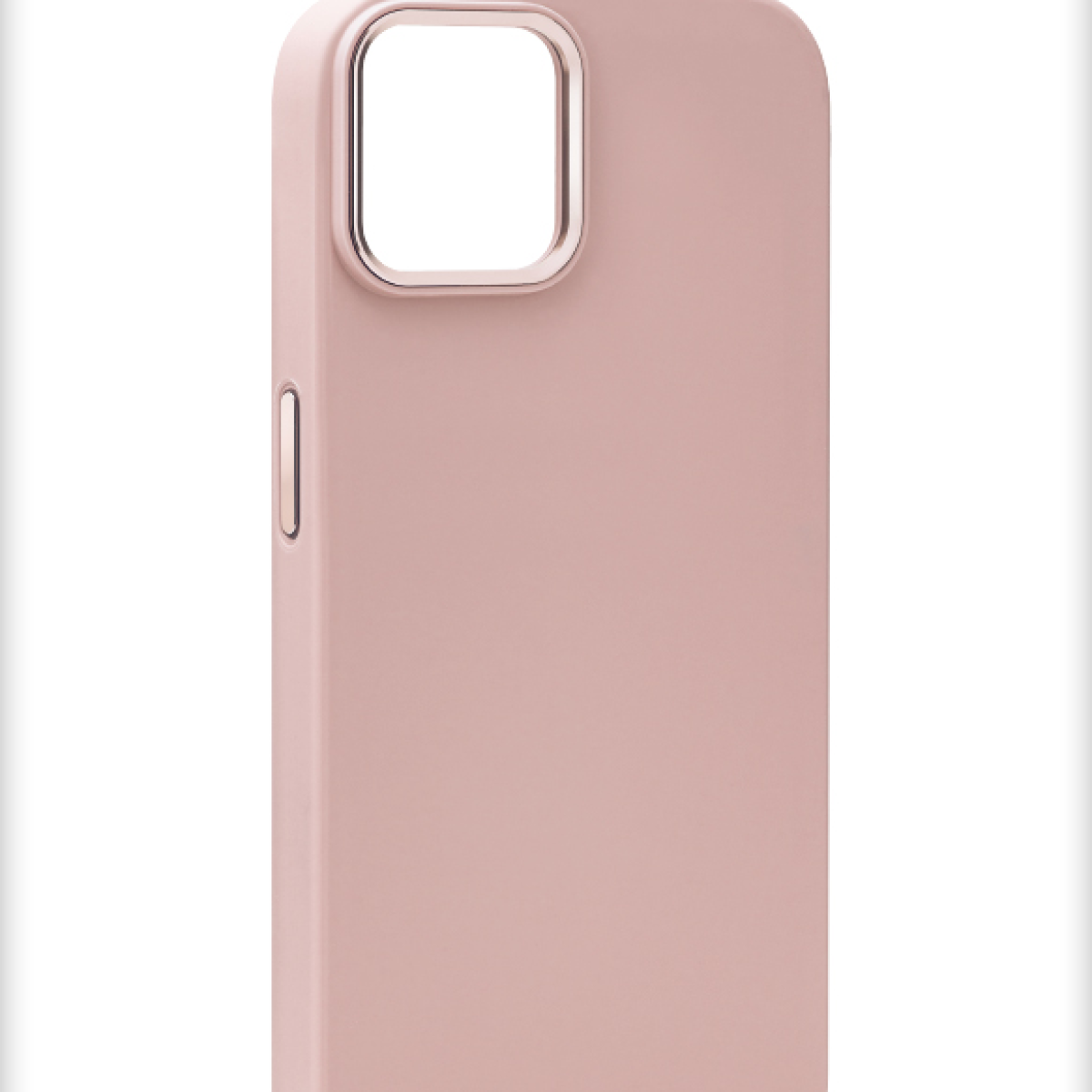 Una custodia per telefono rosa con un ritaglio per la fotocamera e un pulsante laterale. La custodia è a tinta unita, con un anello metallico per la fotocamera.