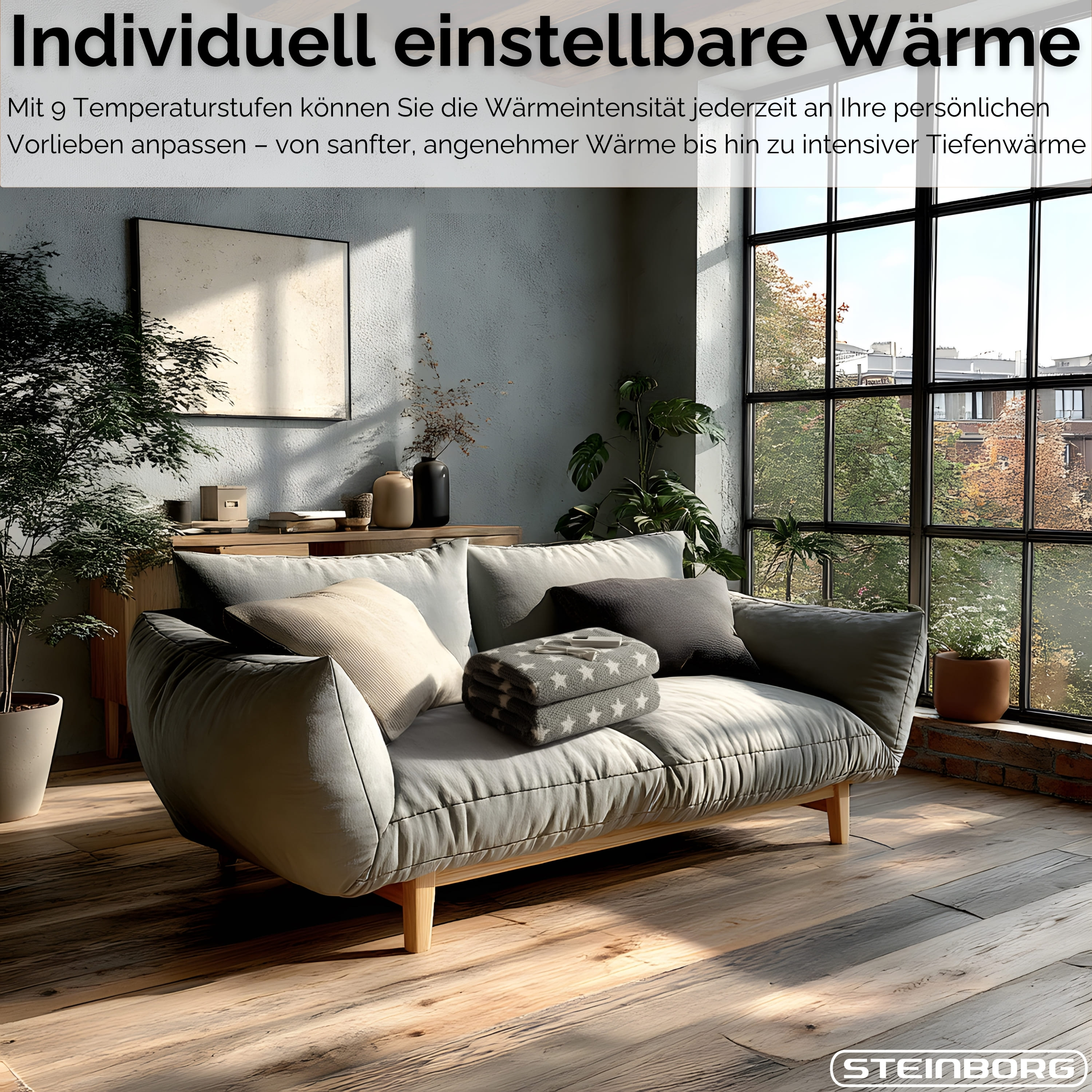 Ein Wohnzimmer mit Sofa, Decke und großem Fenster. Der Text lautet 'Individuell einstellbare Wärme'.