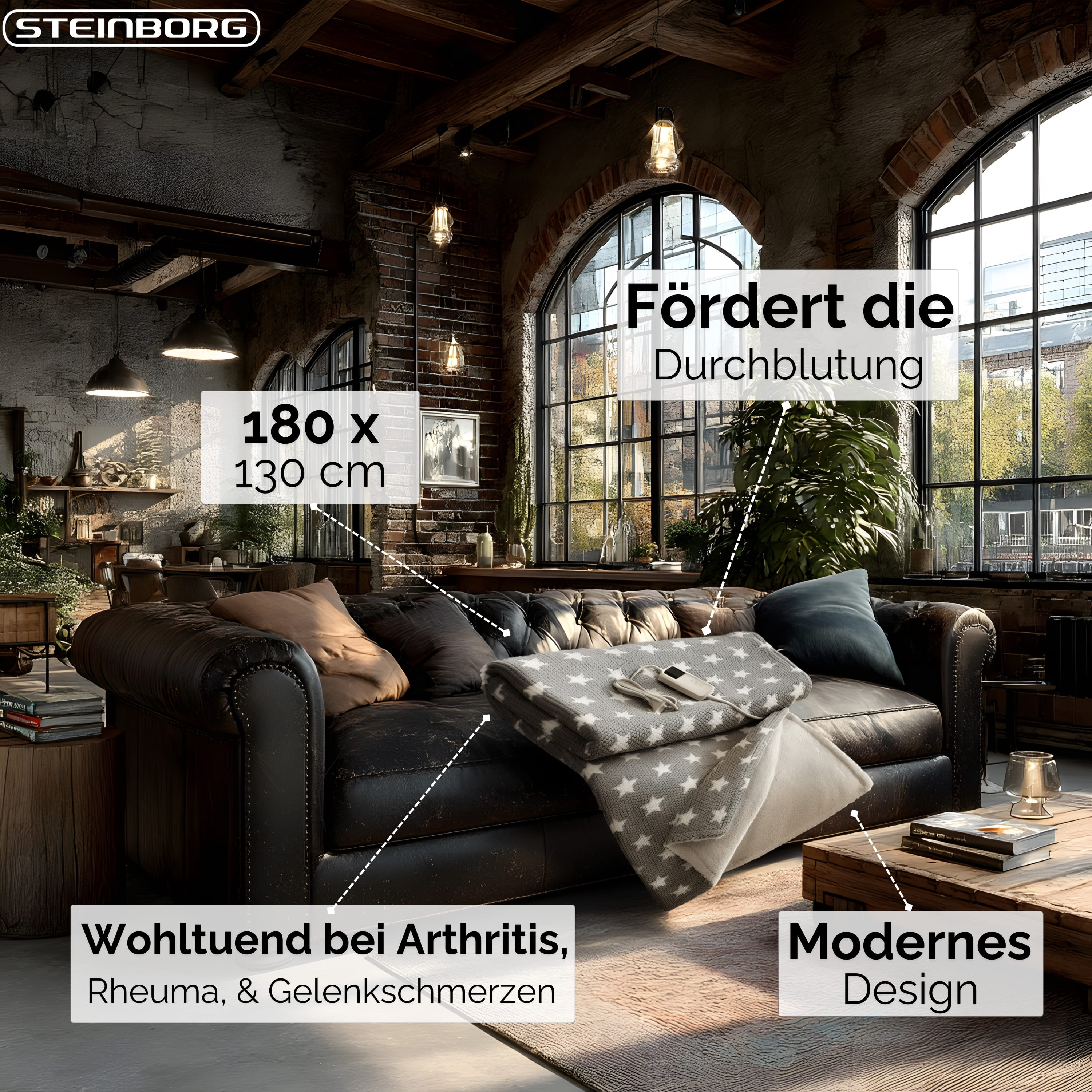 Wohnzimmer mit Ledersofa, Decke, Kissen und Holztisch. Textüberlagerungen beschreiben die Vorteile des Produkts.