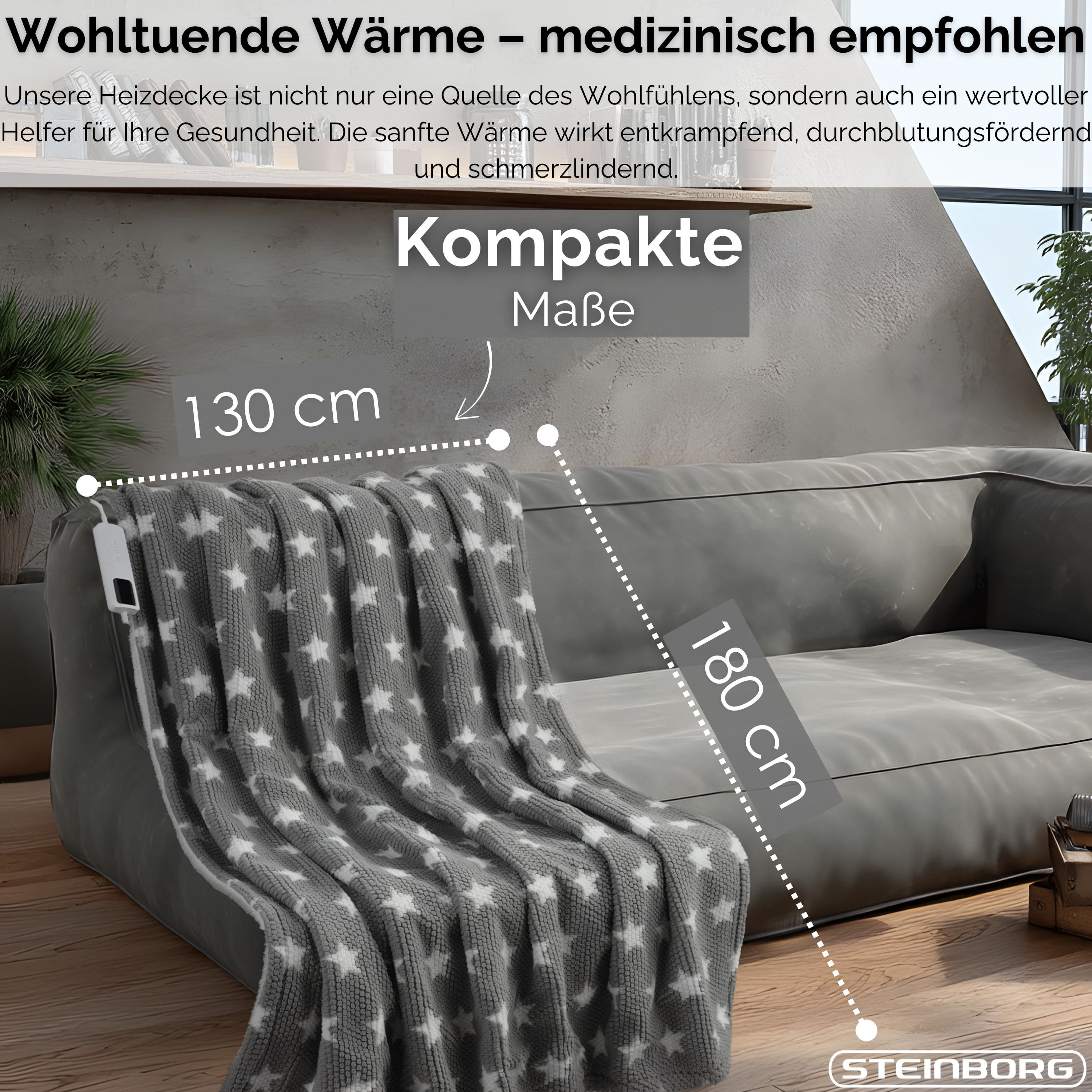Graue Decke mit weißen Sternen auf grauem Sofa. Maße sind 130x180 cm. Text: Wohltuende Wärme.
