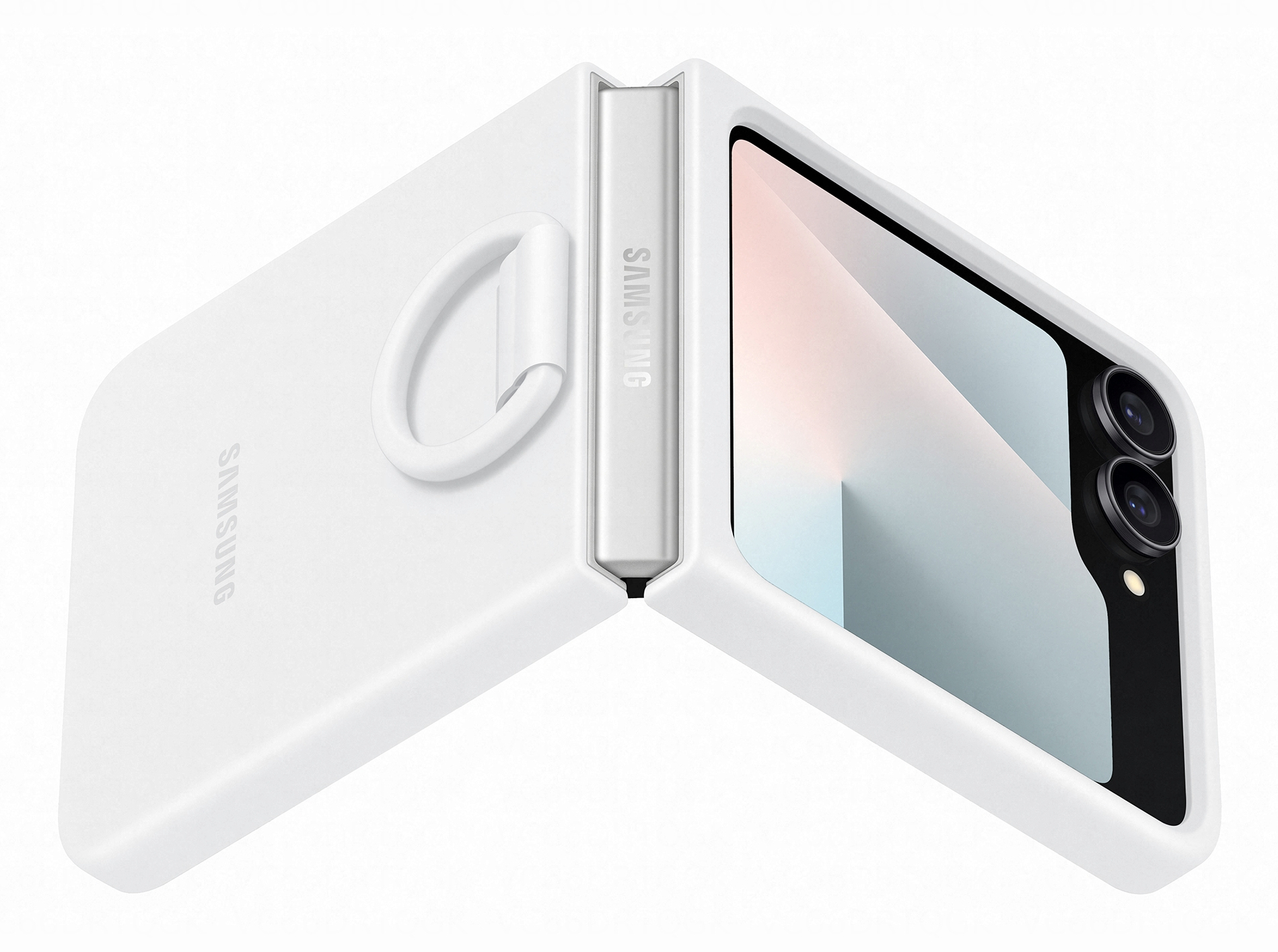 Biały składany telefon Samsung w etui, częściowo otwarty. Etui ma pierścień i logo Samsung.