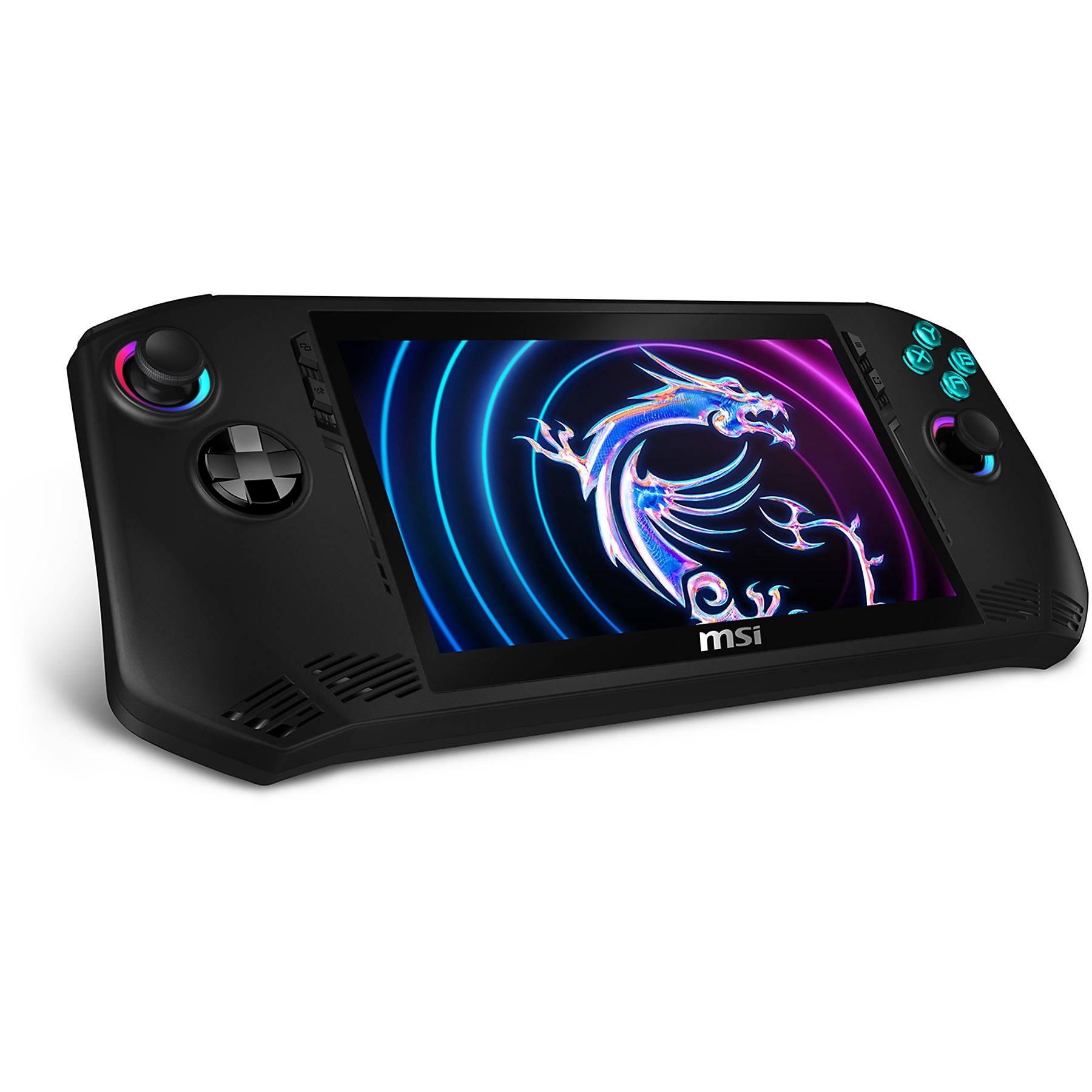 Dispositivo di gioco portatile MSI nero. Lo schermo mostra un logo del drago. Controlli e pulsanti sui lati.