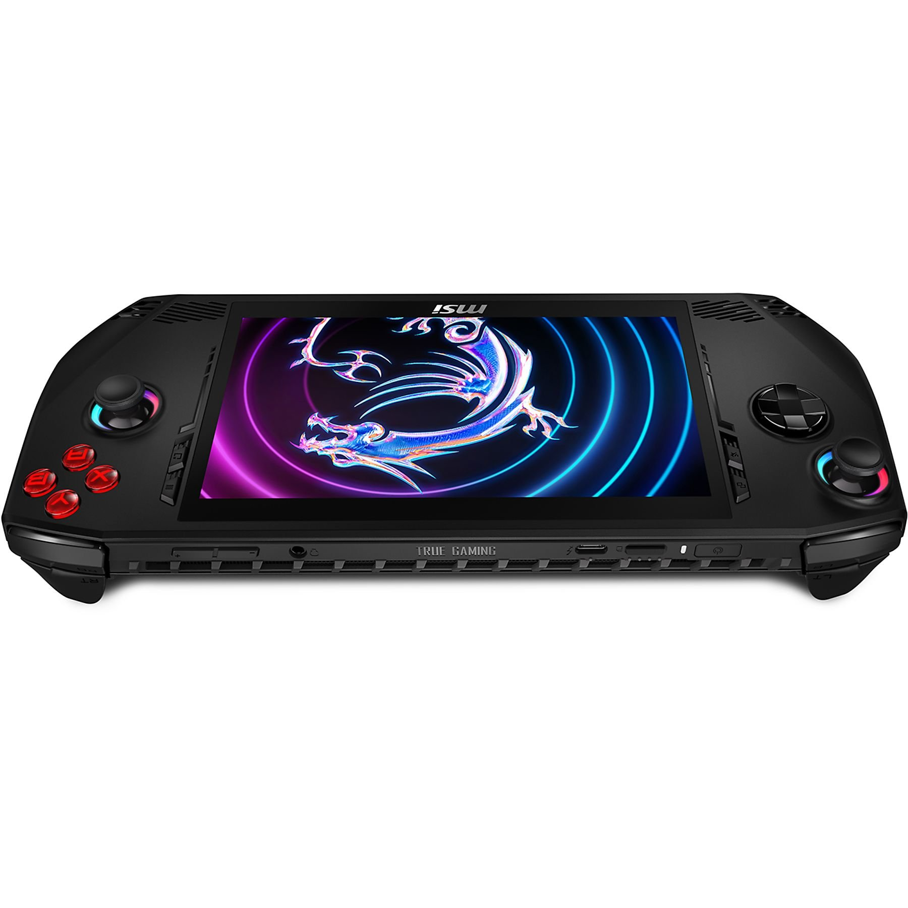 Dispositivo di gioco portatile MSI nero con schermo con logo drago. Pulsanti rossi e neri e joystick.
