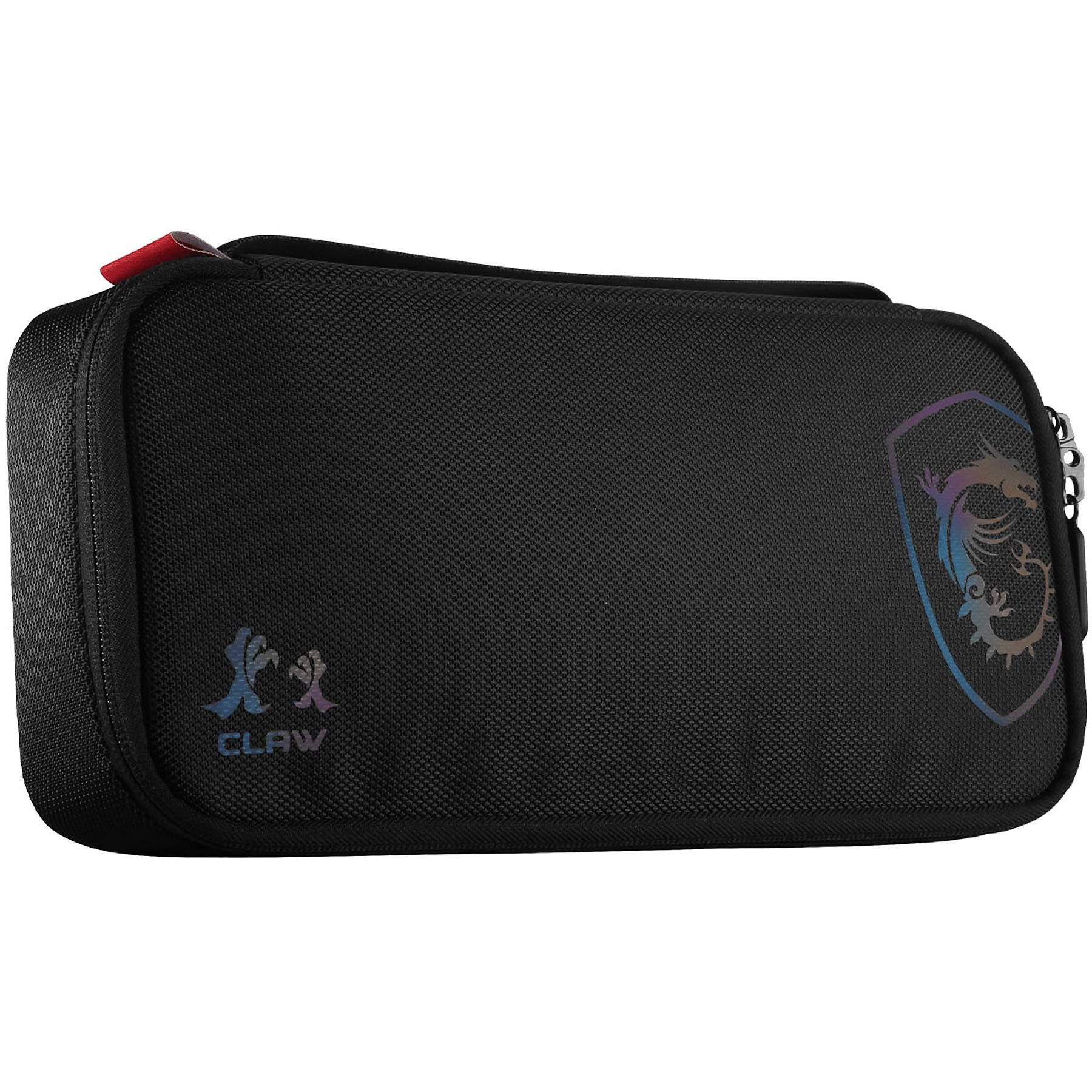 Custodia nera con logo MSI e scritta CLAW. Ha una maniglia rossa e una cerniera.