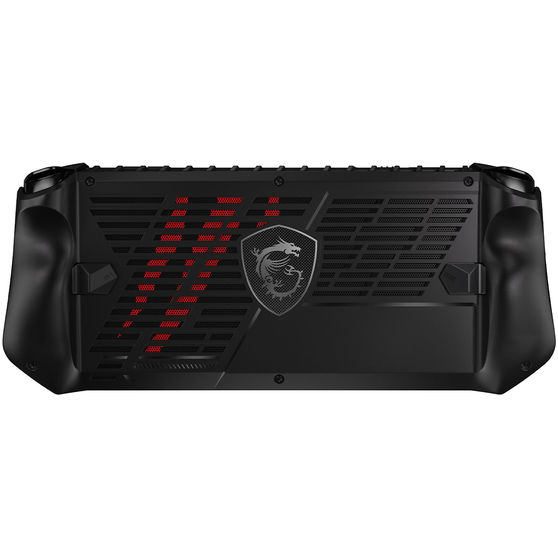 Console portatile MSI nera, con logo del drago, dettagli rossi e impugnature ergonomiche su entrambi i lati.