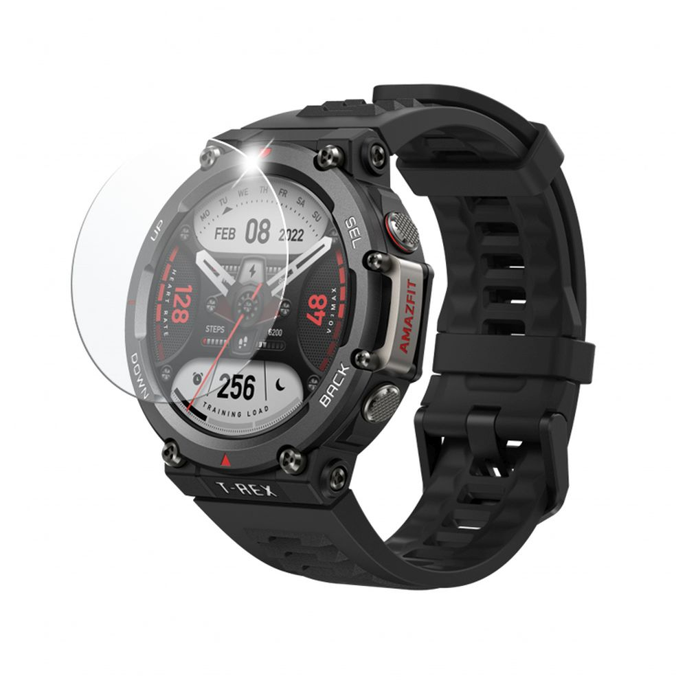 Reloj inteligente Amazfit T-Rex negro. Muestra la frecuencia cardíaca, los pasos y la carga de entrenamiento. Muestra el 08 de febrero de 2022. Correa negra adjunta.