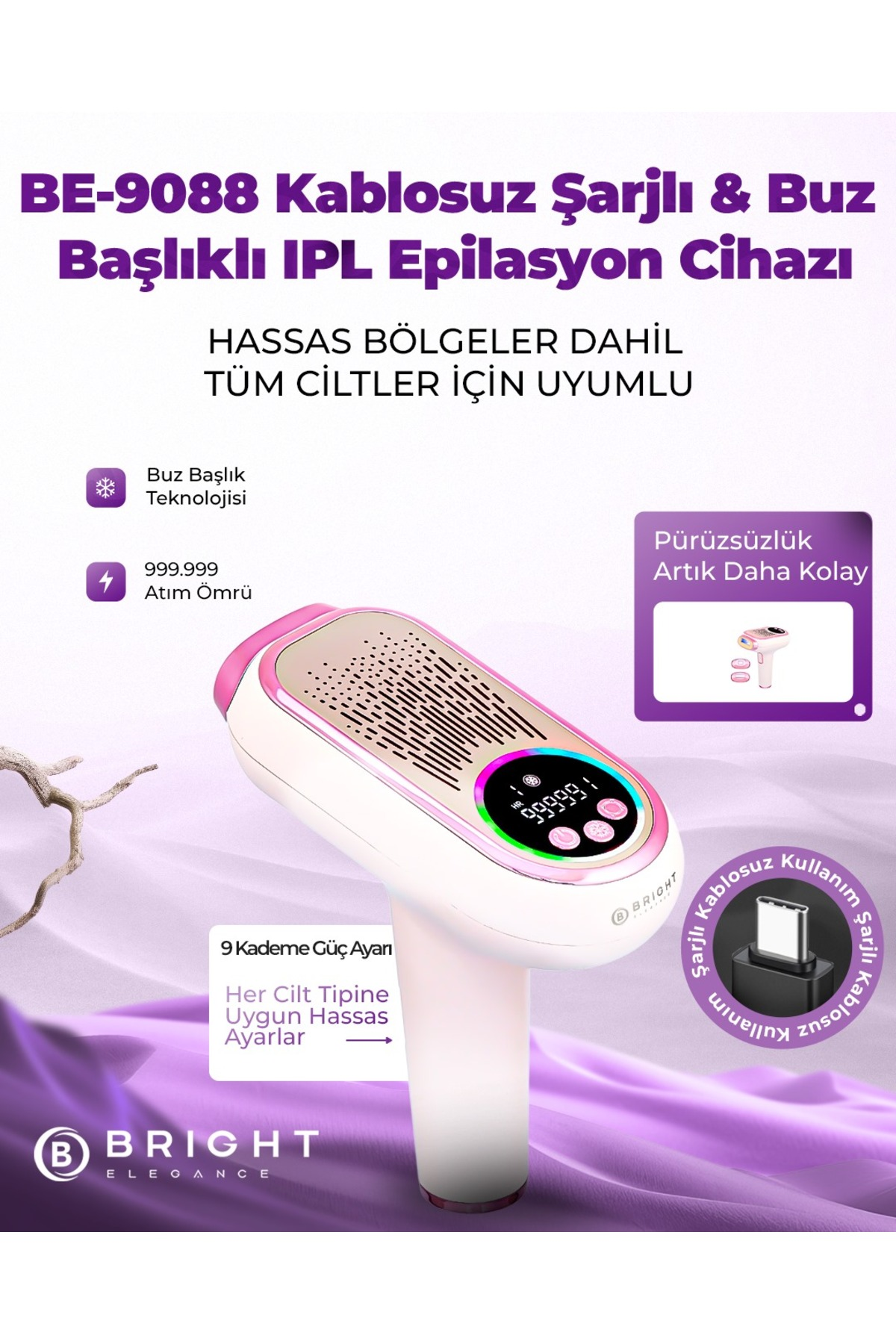 Pembe detaylara sahip bir IPL epilasyon cihazı. Dijital bir ekranı var ve kablosuz.