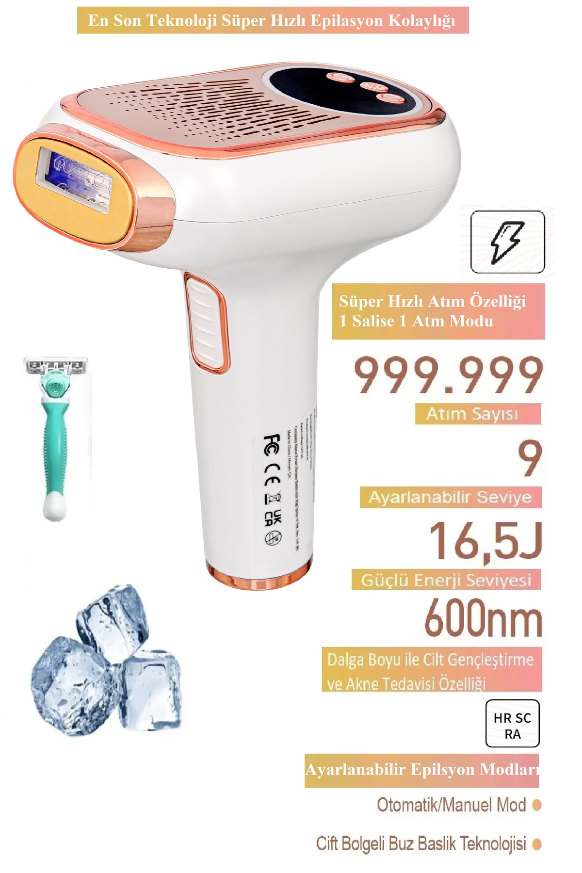 BRIGHT ELEGANCE Be-9077f, 999.999 Atım Otomatik/Manuel Mod IPL Lazer Epilasyon Aleti Beyaz