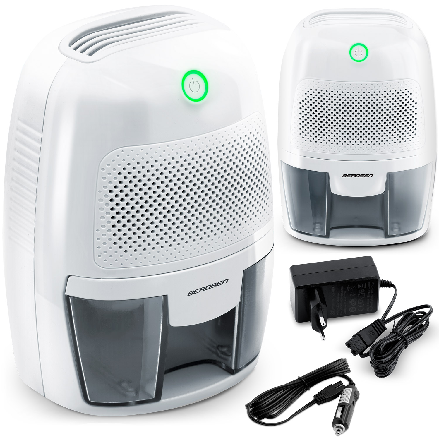 Biały osuszacz powietrza Berosen z zielonym przyciskiem zasilania. Zawiera zasilacz, ładowarkę samochodową i kable.