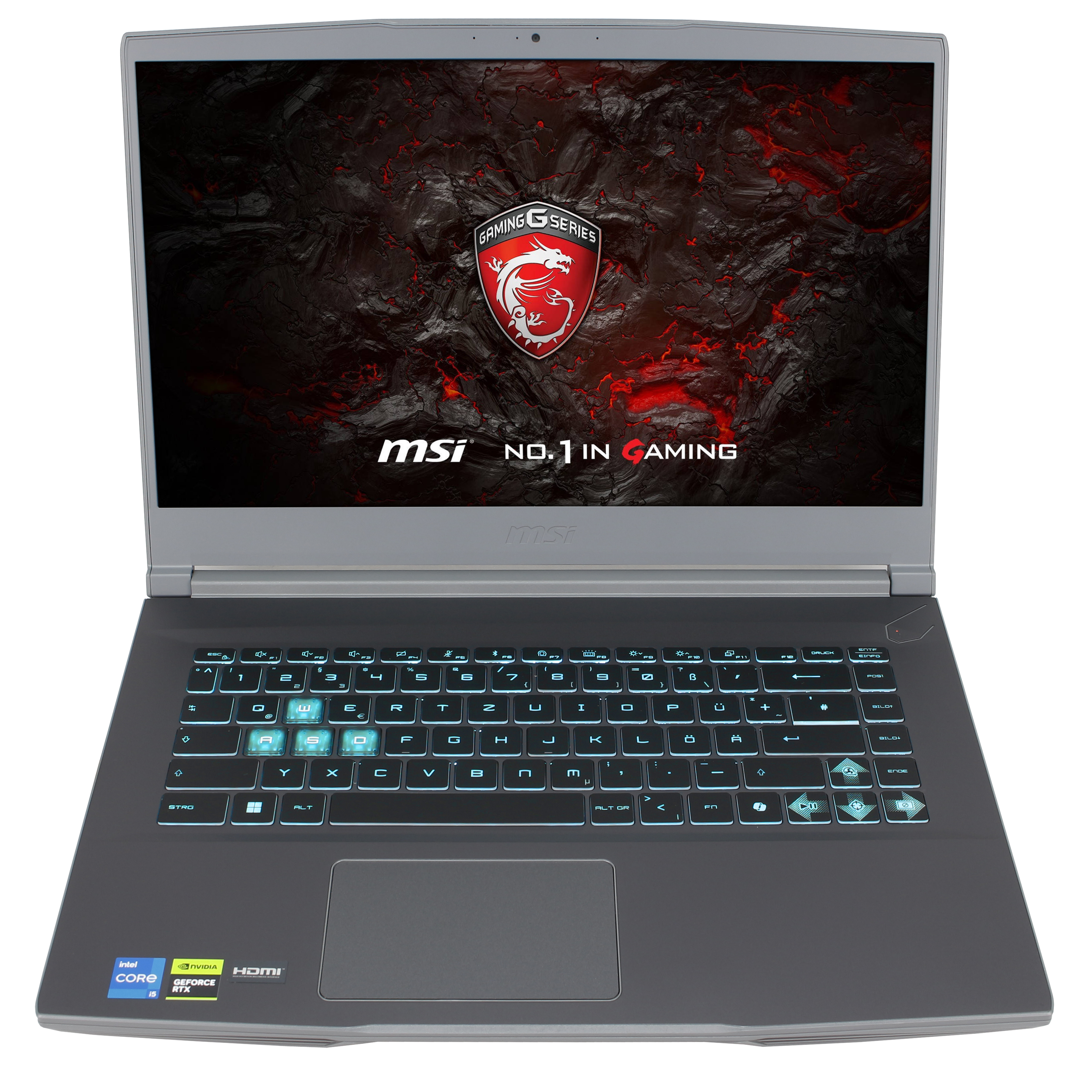 Ein silberner MSI-Gaming-Laptop ist geöffnet und zeigt eine Tastatur und einen Bildschirm mit einer rot-schwarzen Grafik.