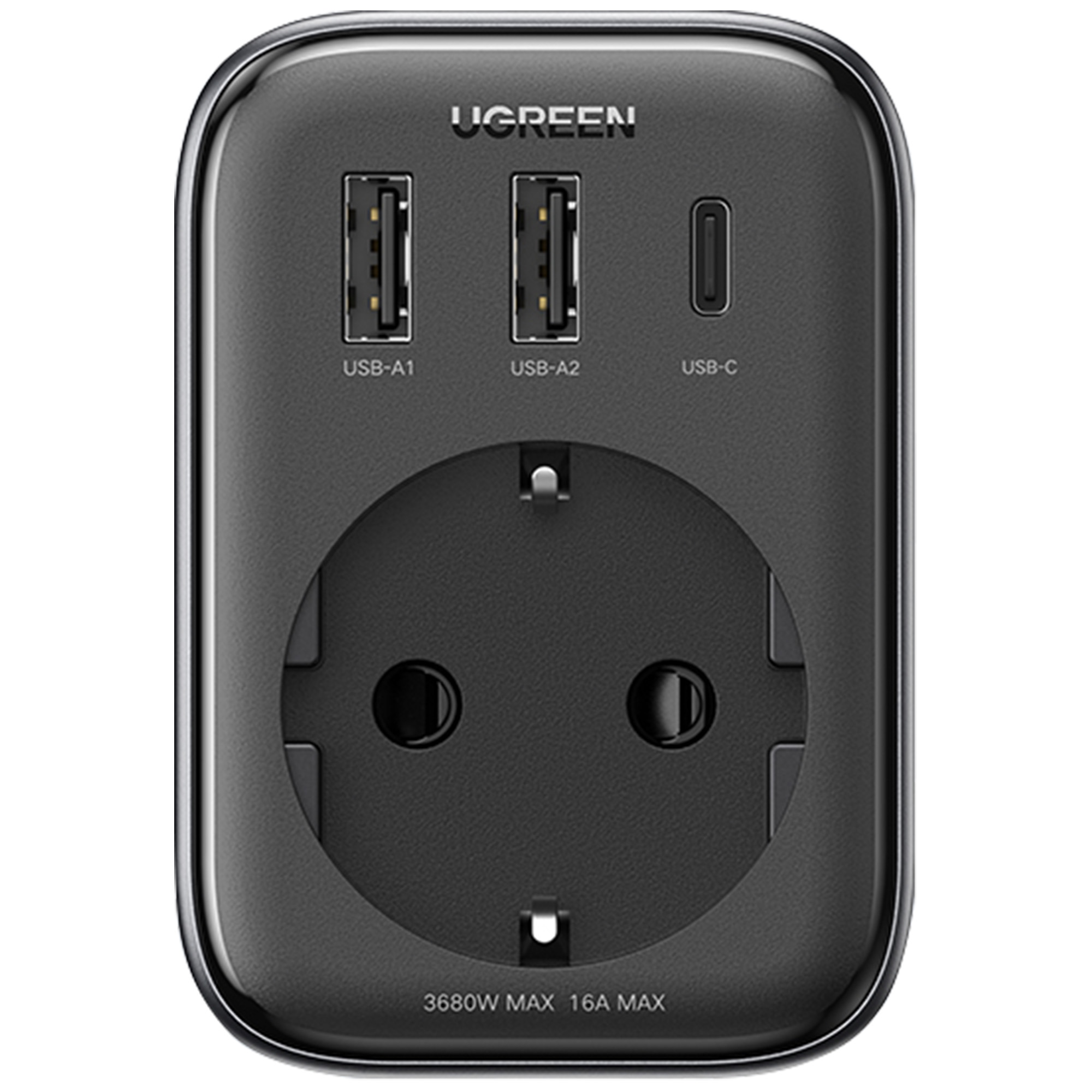 Czarny zasilacz UGREEN z portami USB, gniazdem zasilania i etykietami tekstowymi.