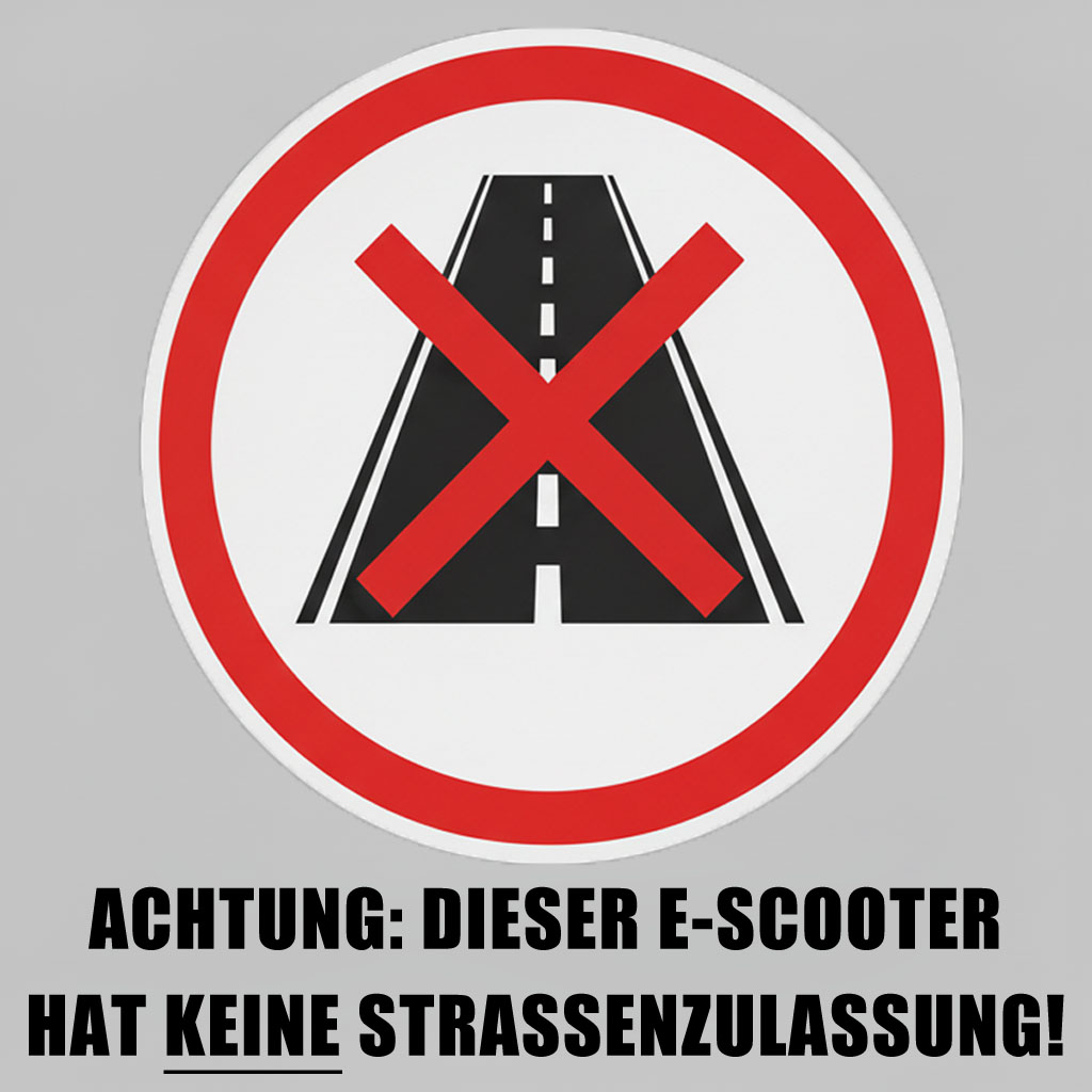 Schild: Straße durchgestrichen. Text: Achtung: Dieser E-Scooter hat keine Straßenzulassung.