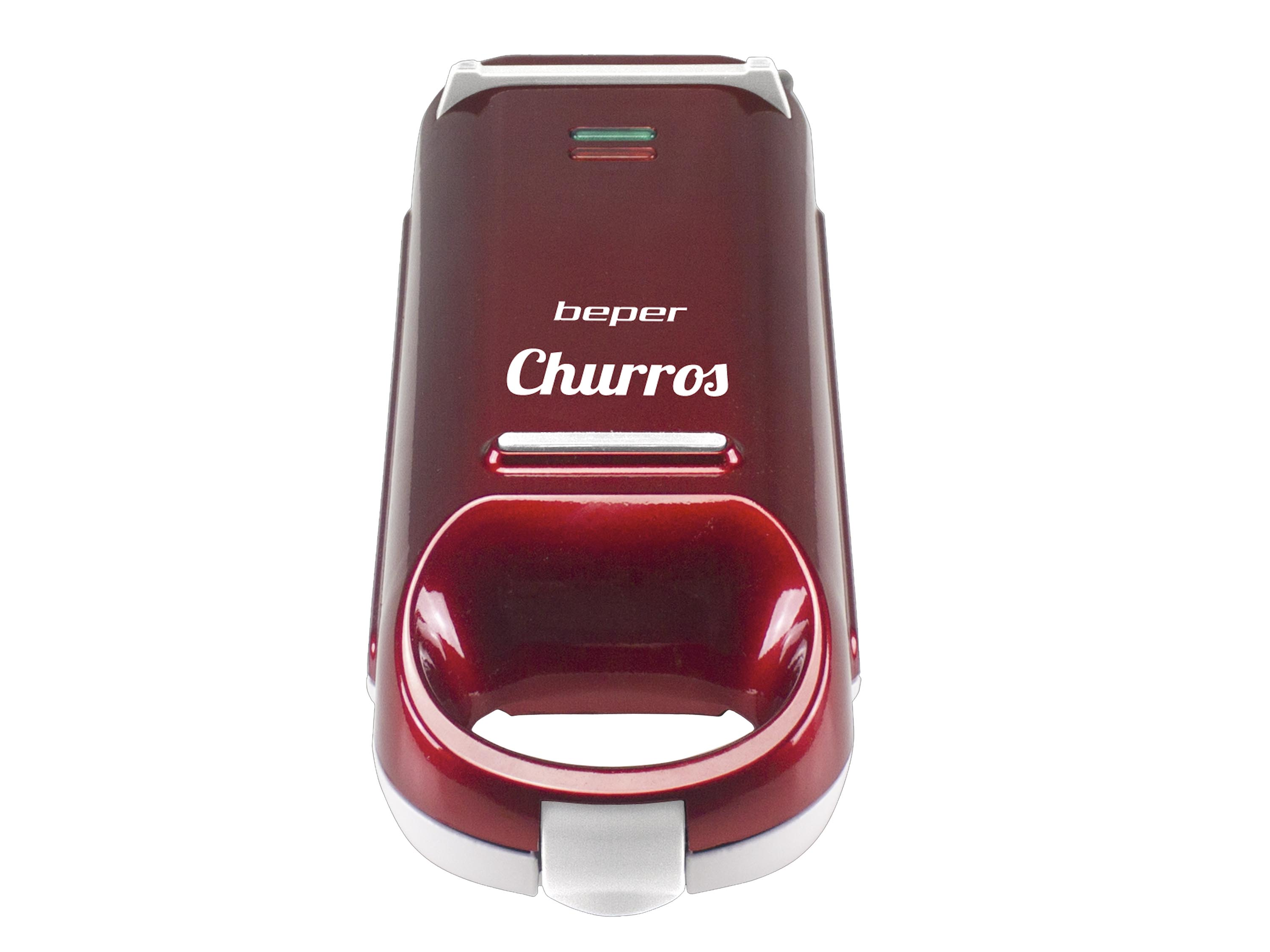 Un produttore di Churros Beper rosso. Ha una base bianca e una maniglia. Il marchio e il nome del prodotto sono su di esso.