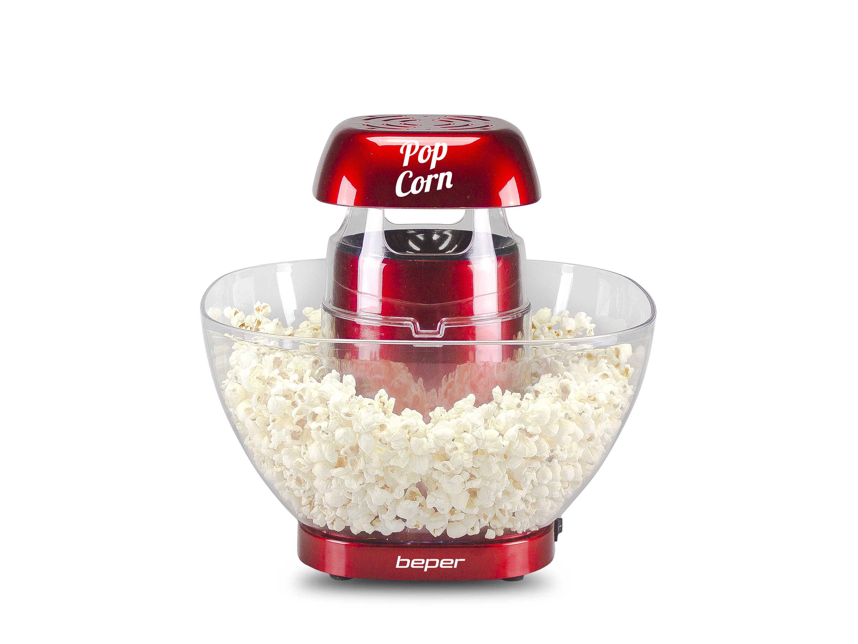 Una macchina per popcorn rossa con una ciotola trasparente piena di popcorn. Sopra c'è scritto 'Pop Corn'. La base dice 'beper'.