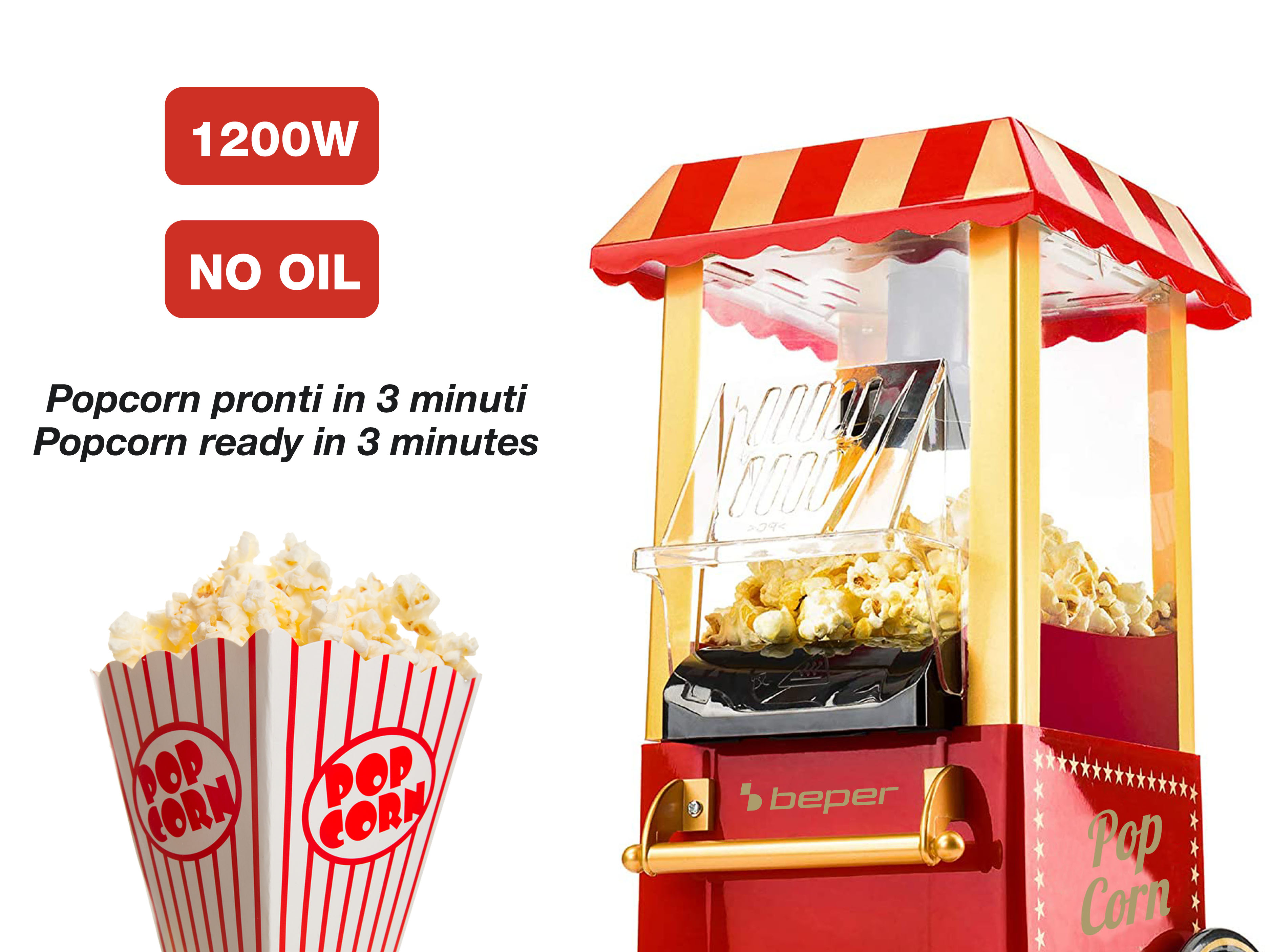 Una macchina per popcorn rossa e oro con una scatola di popcorn piena di popcorn. Il testo recita '1200W' e 'NO OIL'.